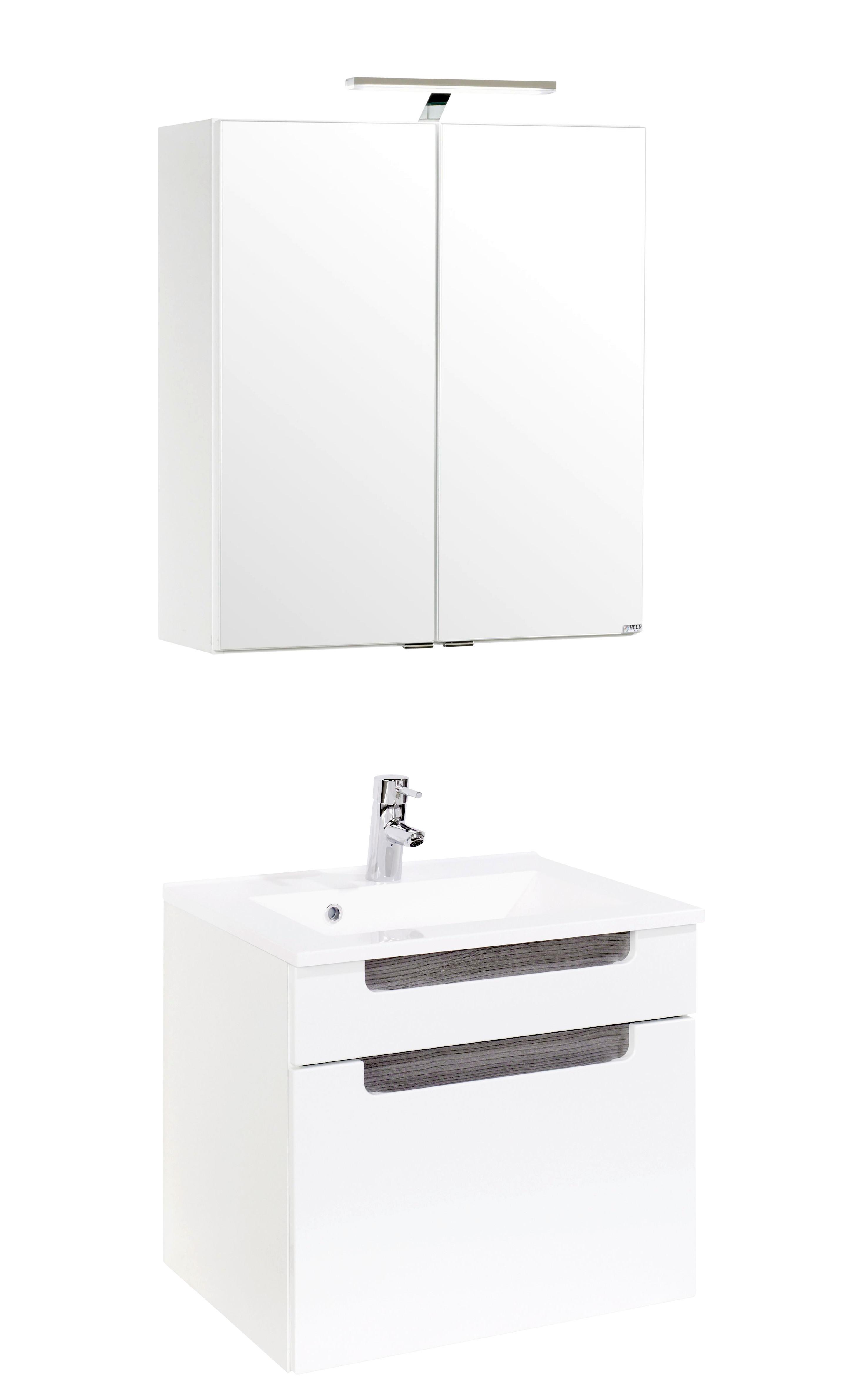 Badmöbel-Set 2-Tlg. inkl. LED Siena B: 60cm, Weiß/Eiche - Weiß/Silbereichenfarben, MODERN, Holzwerkstoff/Stein (60cm) - Held