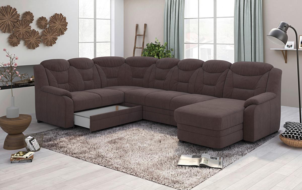 Wohnlandschaft Marcus Braun inkl. Bettkasten - Schwarz/Braun, Basics, Textil (211/330/162cm) - MID.YOU