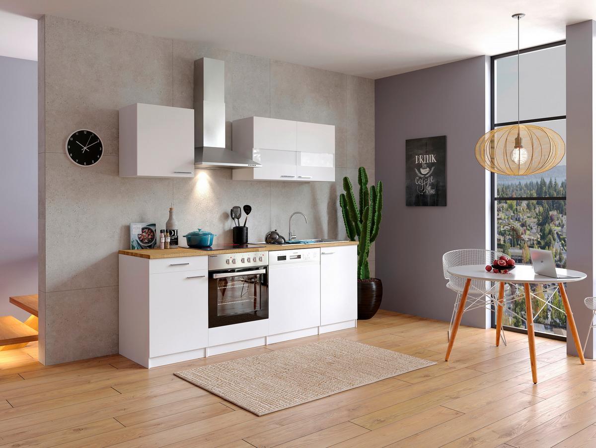 Küchenzeile Economy mit Geräten 220 cm Weiß/Nussbaum Dekor - Nussbaumfarben/Weiß, Basics, Holzwerkstoff (220cm) - Respekta