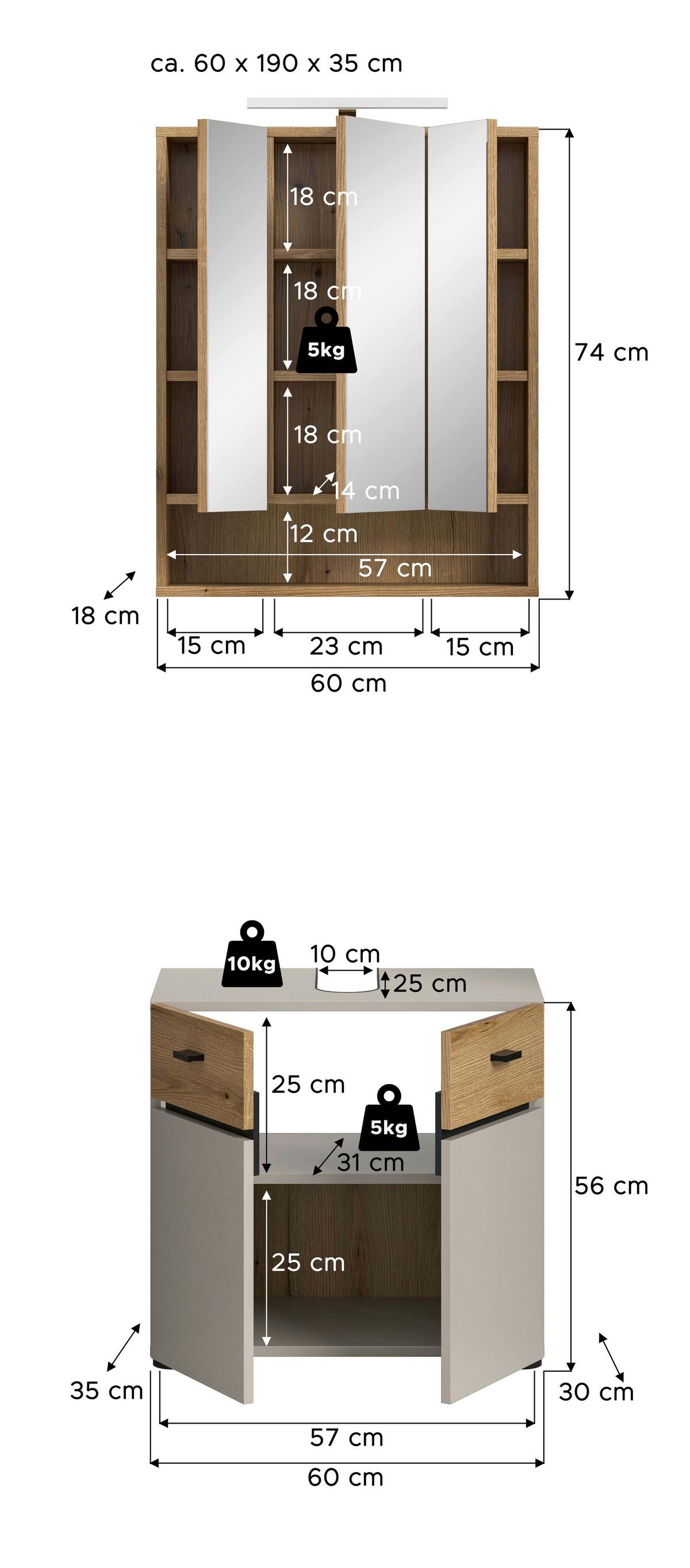 Badezimmer Aqua Kaschmir/Eichefarben B: 60cm - Kaschmir/Eichefarben, Trend, Glas/Holzwerkstoff (60cm) - MID.YOU
