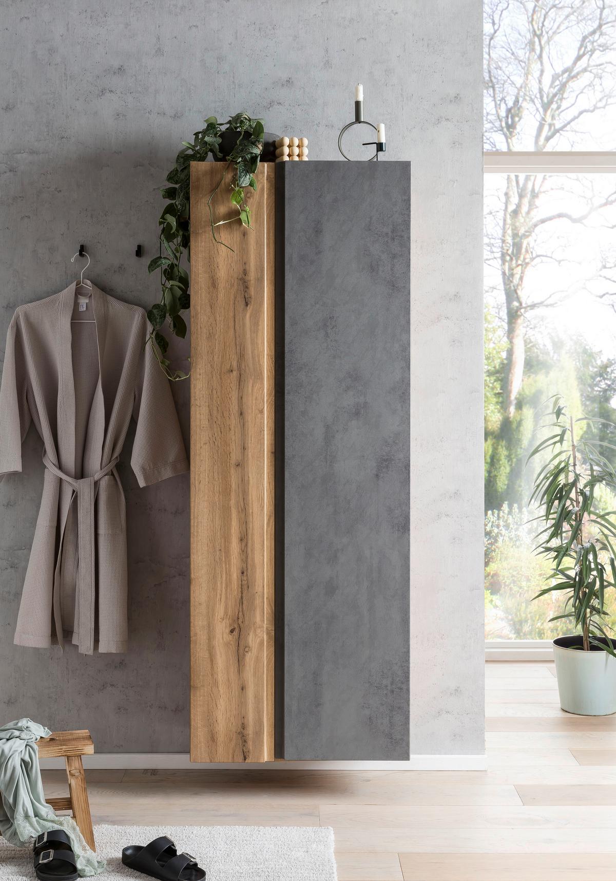 Badezimmer Hochschrank Varese BxH 65x180cm Grau/ Eiche Dekor - Eiche Wotan/Hellgrau, MODERN, Holzwerkstoff (65/180/35cm) - Held