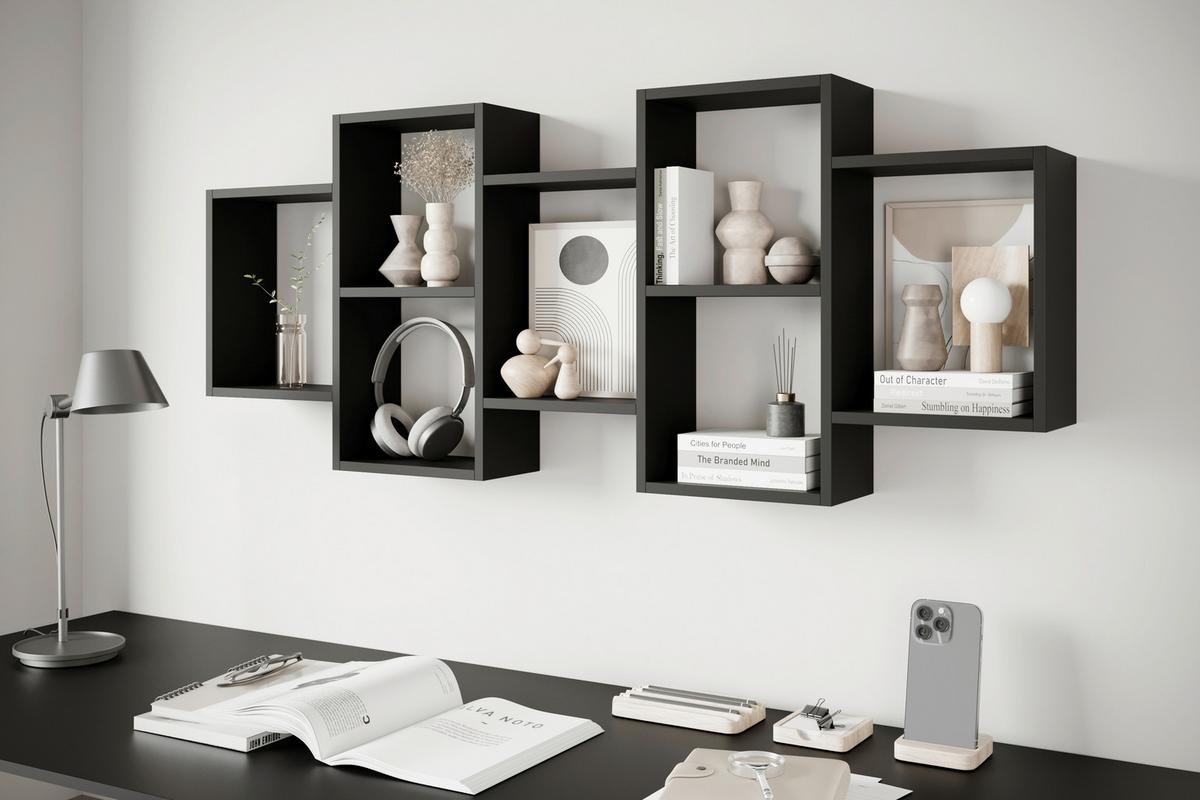 Wandregal Trio Schwarz B: 160,8cm - Schwarz, Basics, Holzwerkstoff (160,8/65/18cm)