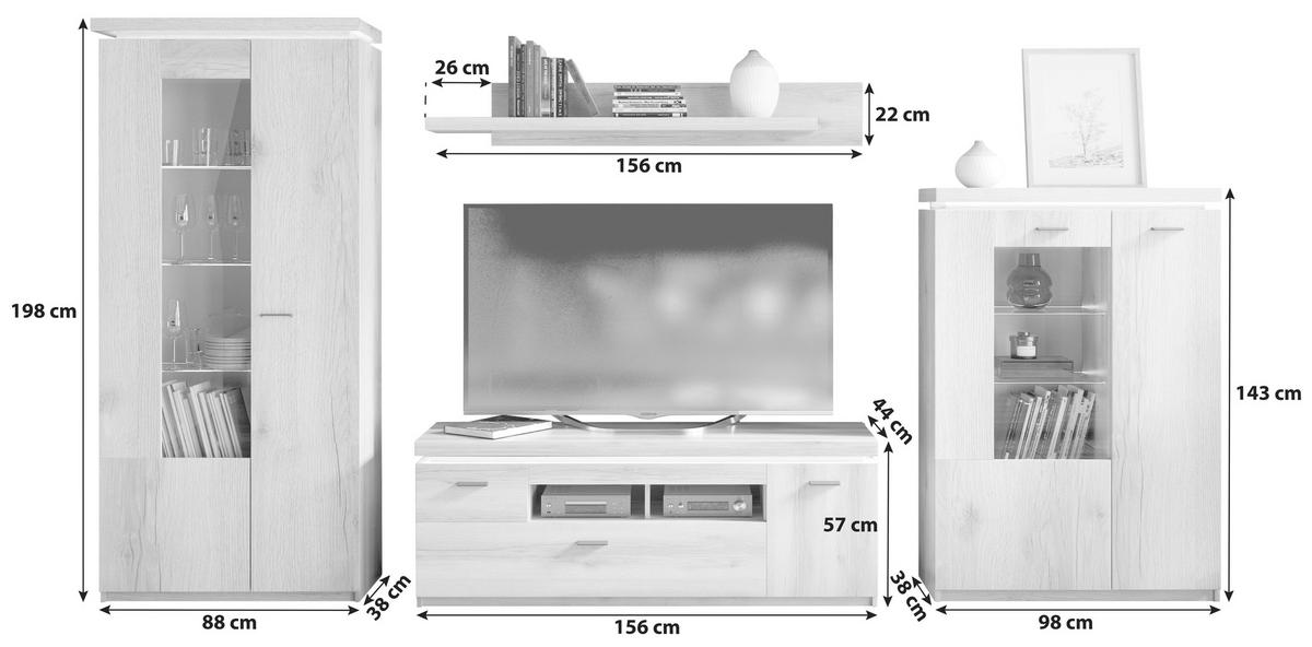Wohnkombination Modern 4 -Teilig. mit Led Vanvouver, Eiche Dekor - Eichefarben, MODERN, Glas/Holzwerkstoff (342/198/44cm)