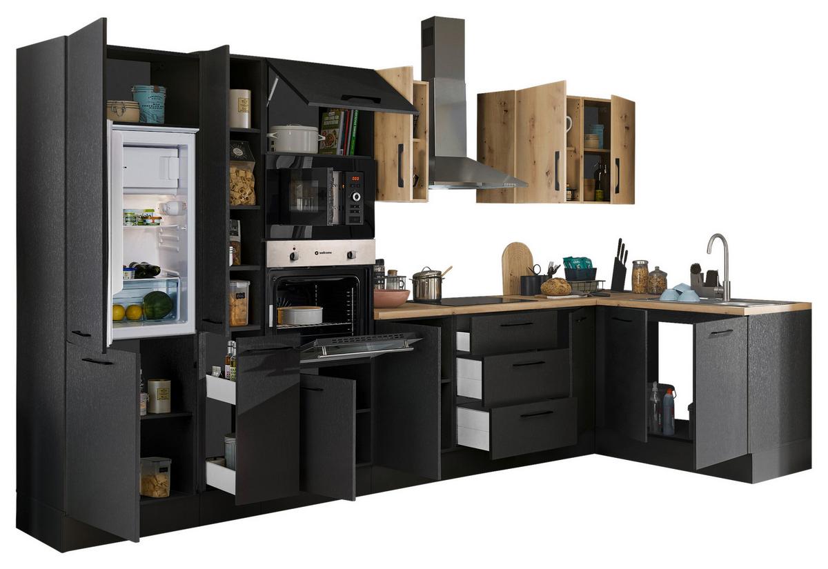 Eckküche Turin Schwarz/Eiche Dekor 360x165 cm - Schwarz/Eiche Artisan, Basics, Holzwerkstoff (360/165cm) - MID.YOU