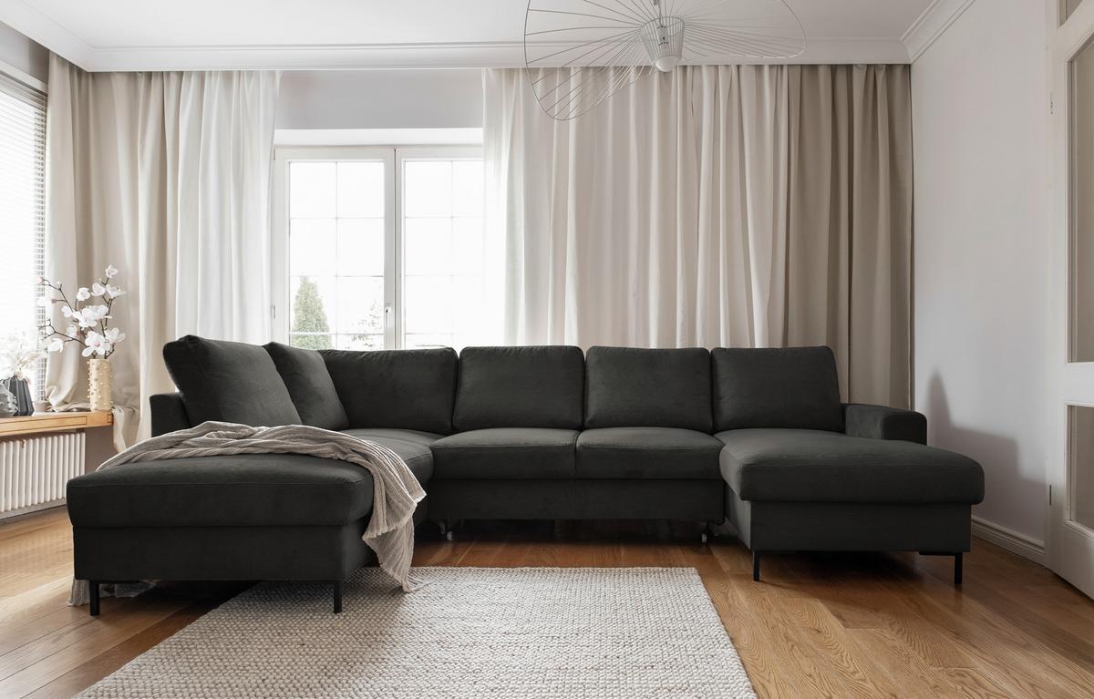 Sedačka LEONIE U, ľavá, sivý menčester - čierna/sivá, Design, kov/drevo (197/303/148cm)