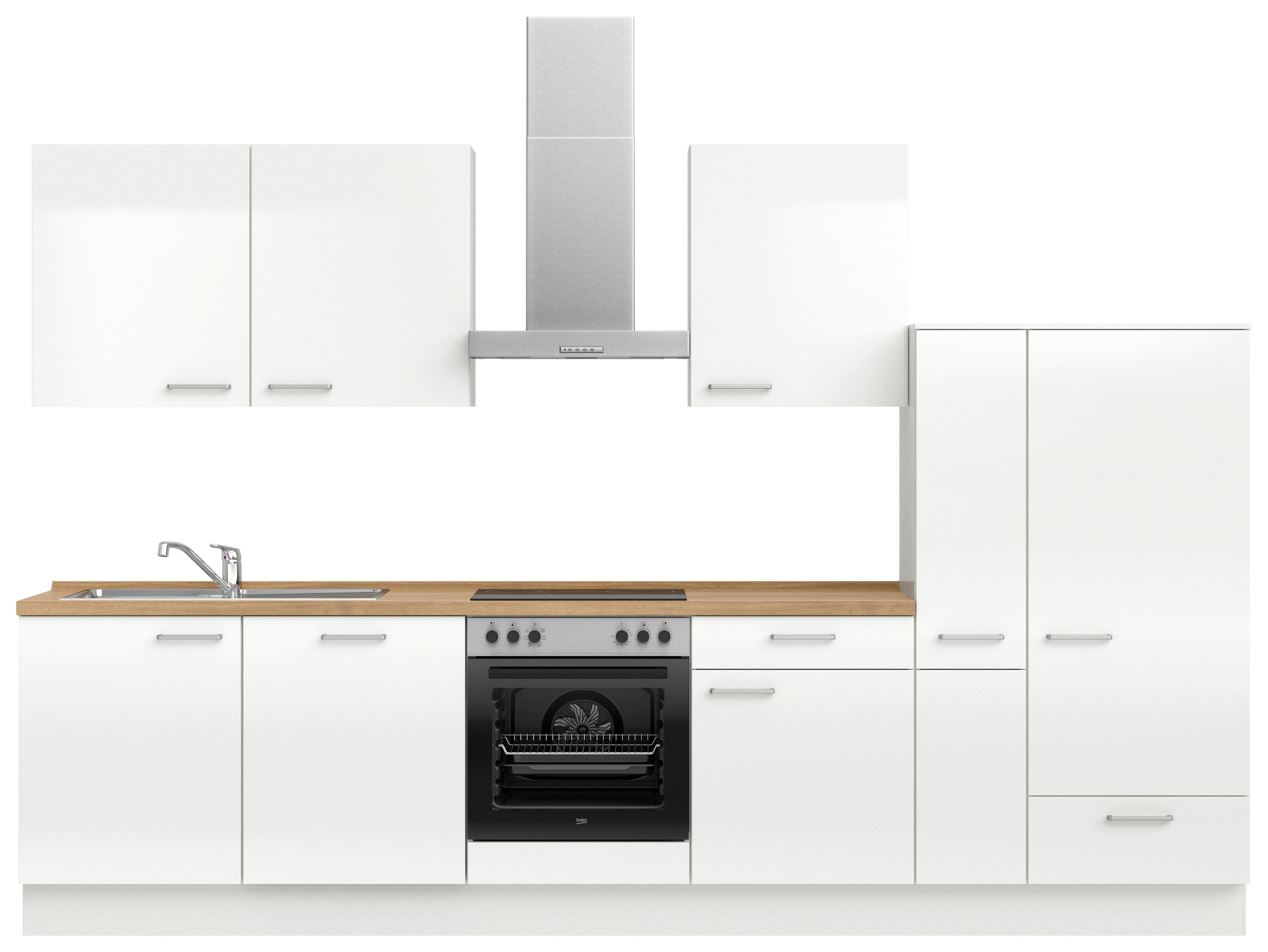 Kuchyňská linka 330 cm, alpská bílá vysoký lesk - barvy dubu/vysoce lesklá bílá, Moderní, kov/kompozitní dřevo (330cm) - Nobilia