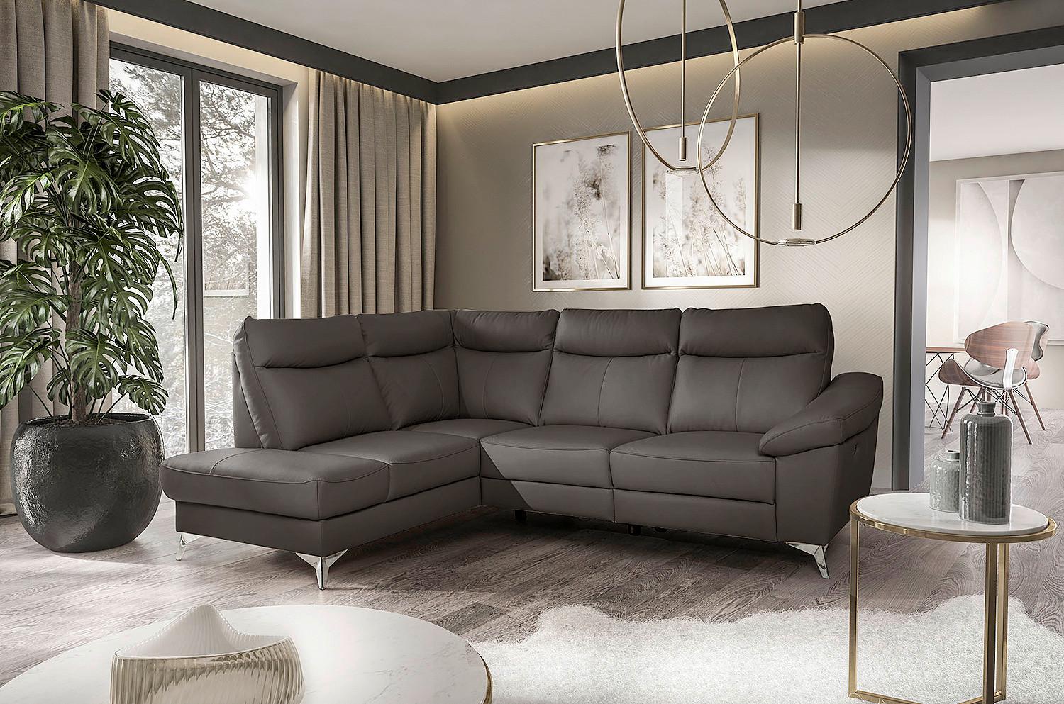 Ecksofa Luna Teilleder Dunkelbraun 194x242 - Chromfarben/Dunkelbraun, Design, Leder/Textil (194/242cm) - Livetastic