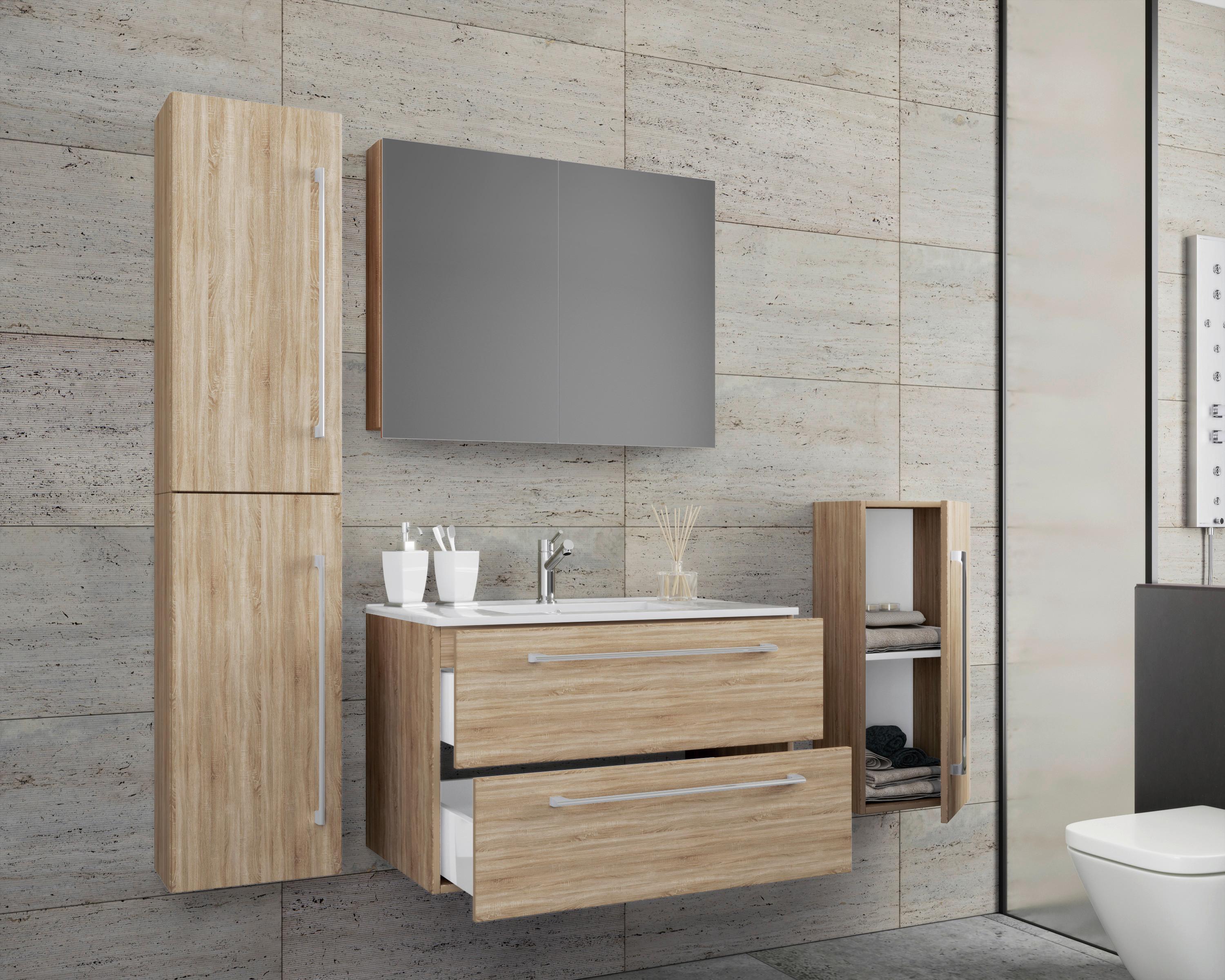 Badezimmer Badinos 5-Teilig Sonoma Eiche B: 60 cm - Weiß/Sonoma Eiche, MODERN, Keramik/Holzwerkstoff (127cm) - MID.YOU