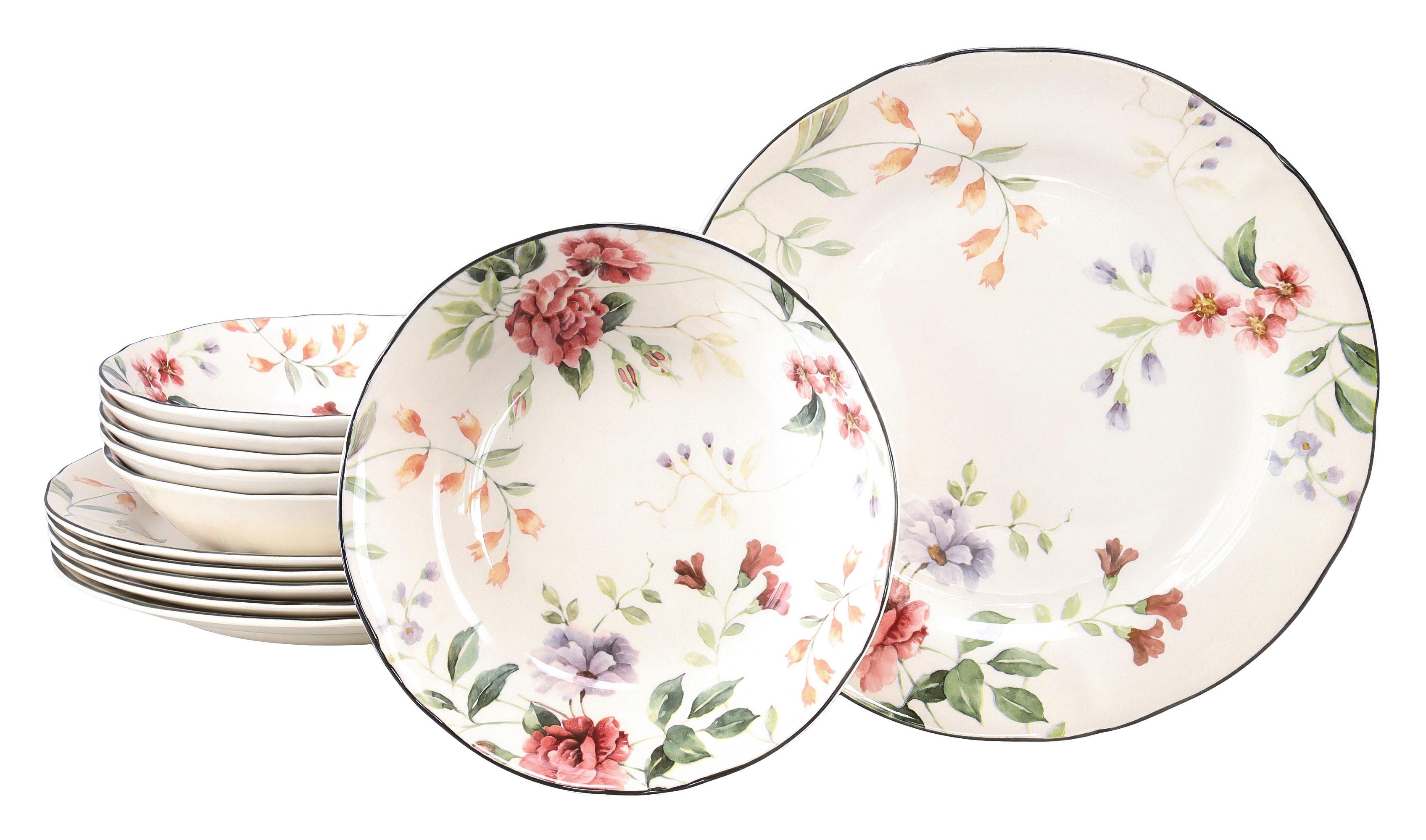 Tafelservice Priscilla Keramik 6 Personen Floral - Waldgrün/Mauve, Trend, Keramik - Creatable