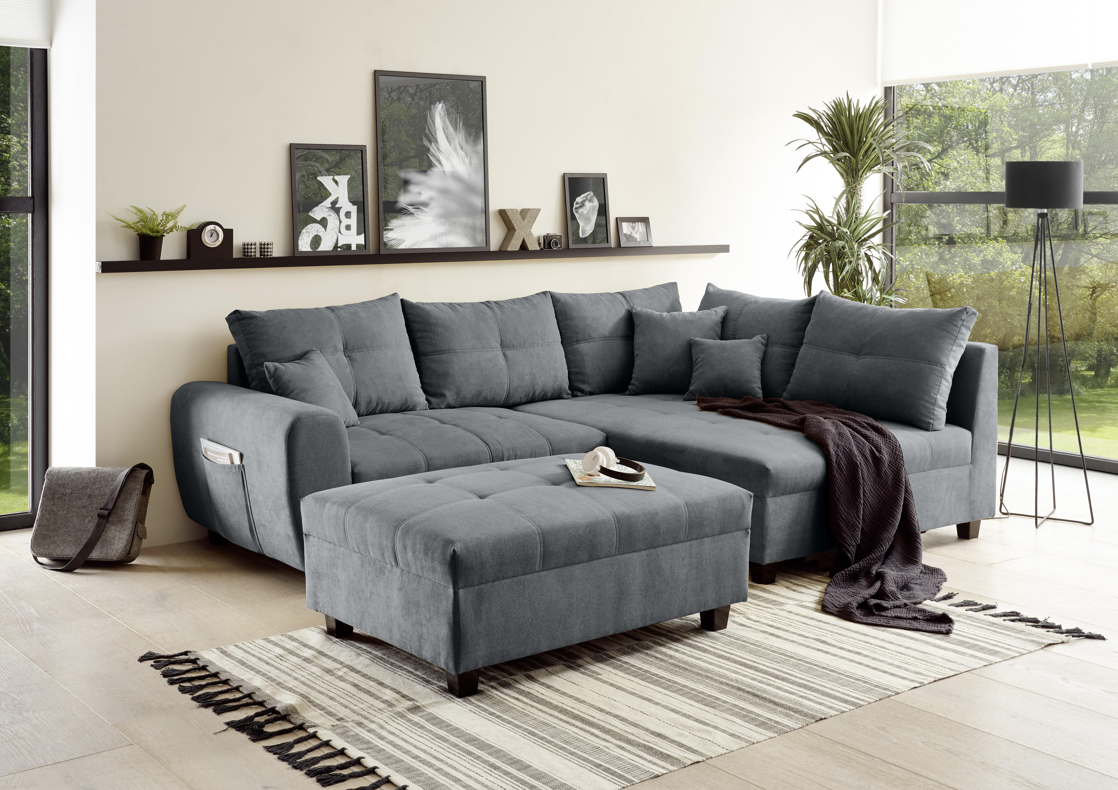 Ecksofa Inkl. Kissen + Hocker Lea, Polyester-Nylon - Anthrazit/Schwarz, Basics, Holzwerkstoff/Textil (248/176cm) - MID.YOU