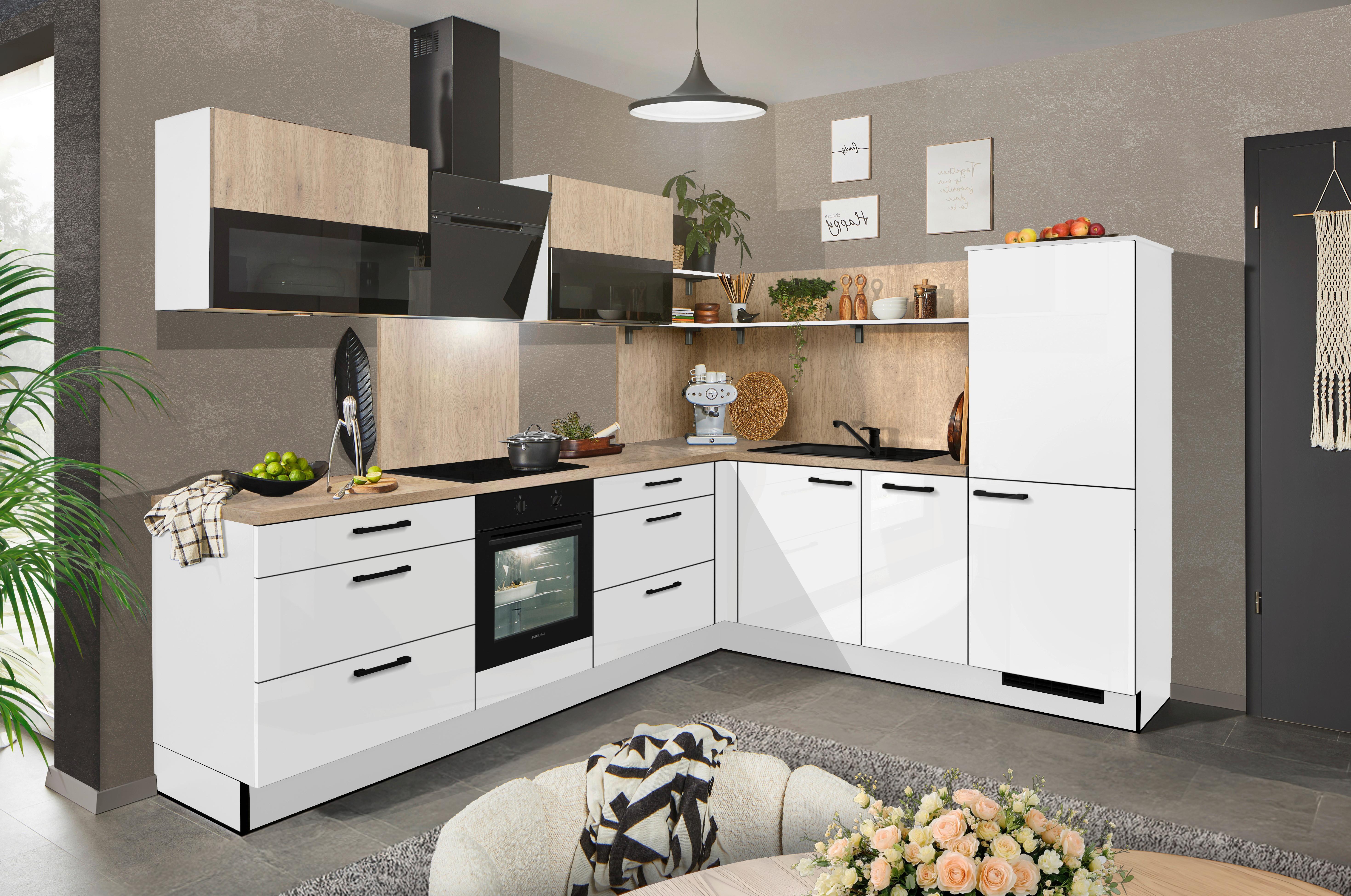 Eckküche Pn215/pn100 - Weiß Hochglanz/Eichefarben, MODERN, Holzwerkstoff (285/230cm) - Pino