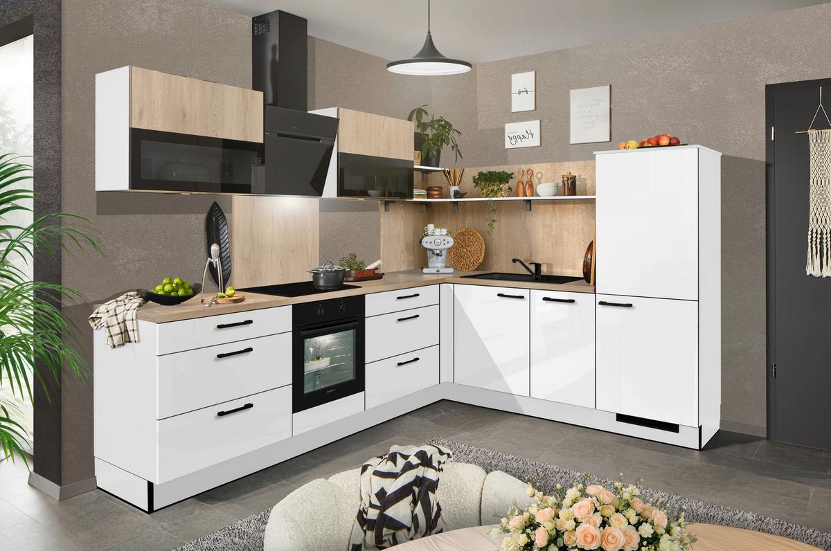 Eckküche Pn215/pn100 - Weiß Hochglanz/Eichefarben, MODERN, Holzwerkstoff (285/230cm) - Pino