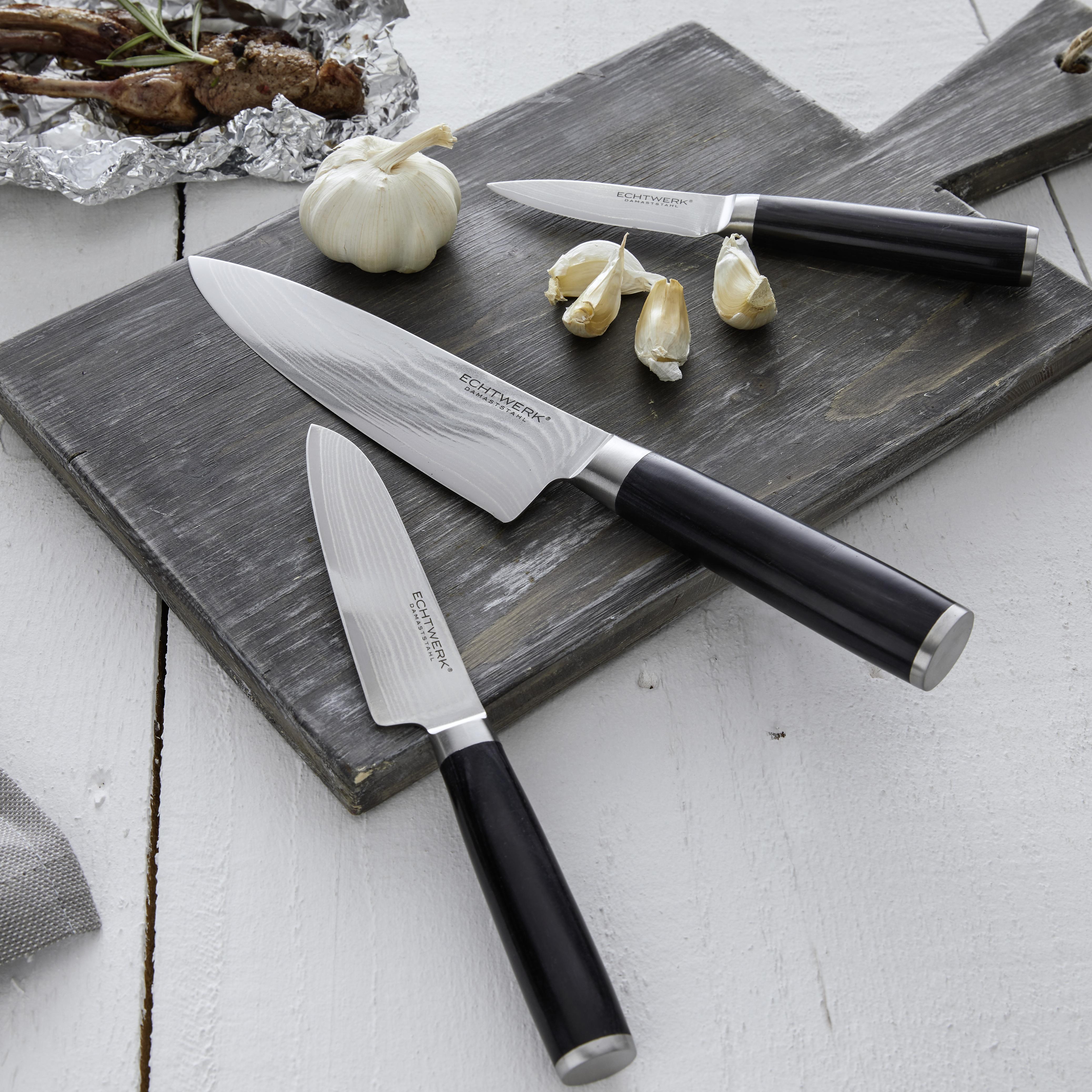 Messerset Damaszener 3 -Teilig. Damaststahl Klinge - Edelstahlfarben, Trend, Metall (17,8/12,7/8,9cm) - Echtwerk