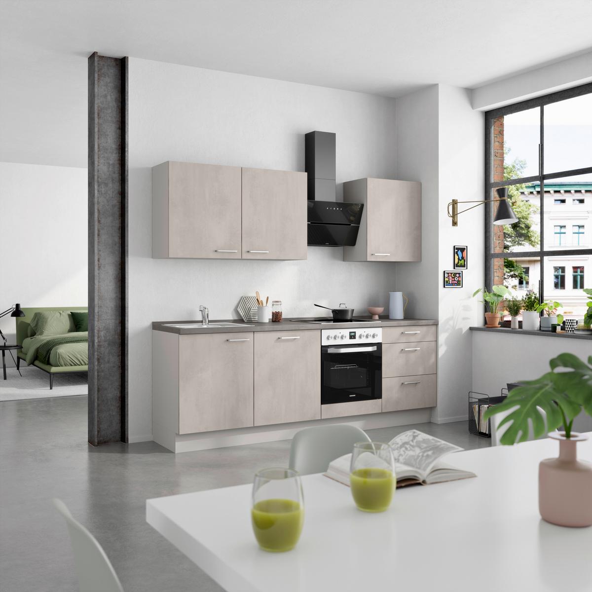 Kuchynská linka 240 cm, šedý betón/ kamenná šedá - sivá/farba ušľachtilej ocele, Modern, kov/kompozitné drevo (240cm) - Nobilia