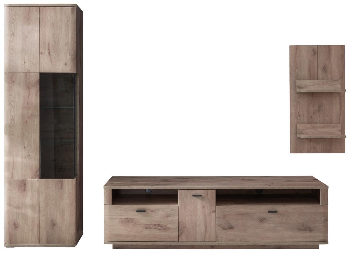 Wohnwand Prato Eiche Dekor B: 270 cm - Eichefarben, Design, Glas/Holzwerkstoff (270/199/50cm) - MID.YOU