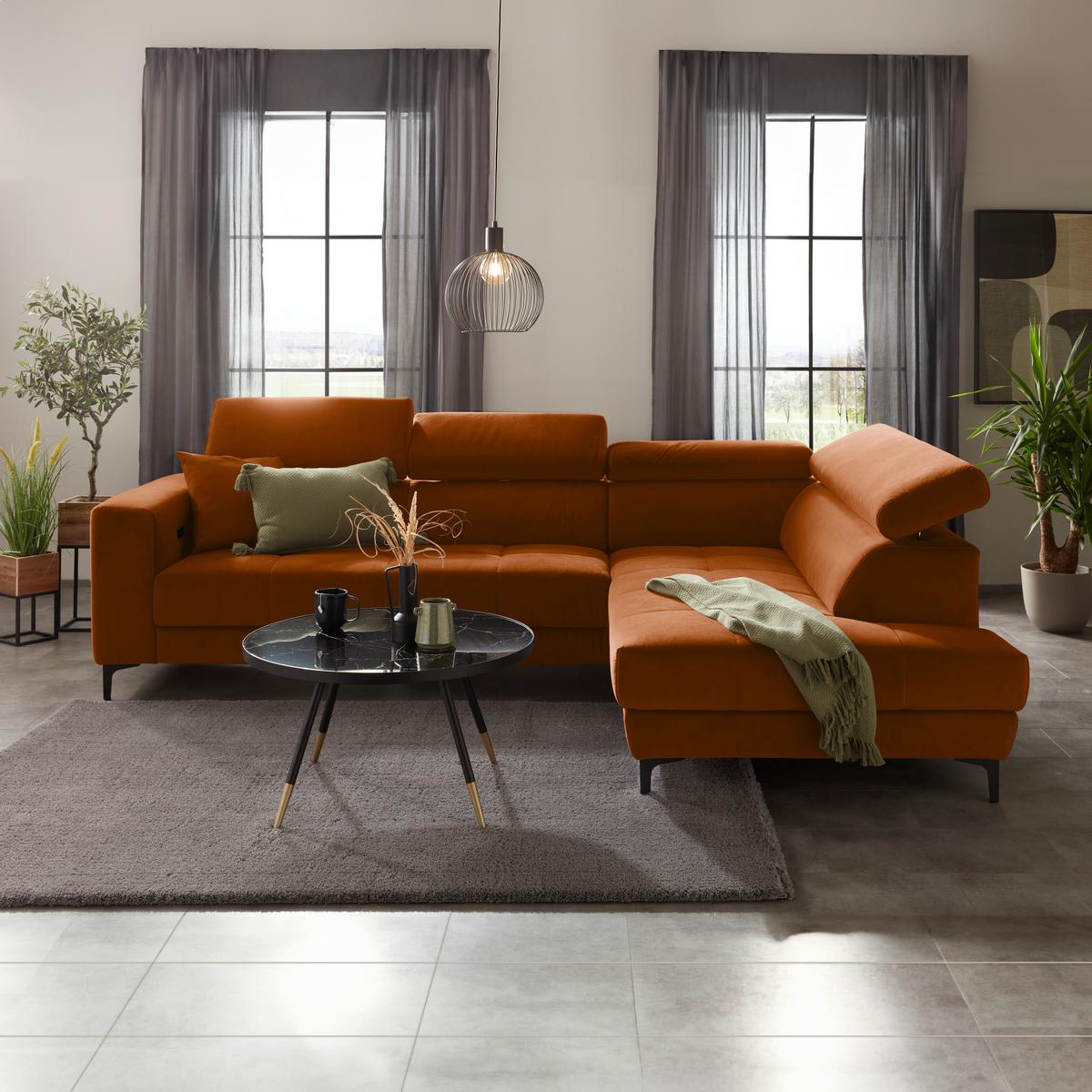 Rohová sedačka EMMA, pravá, oranžová,op.hl.,USB,el.výsuv - oranžová/černá, Moderní, textil (301/210cm) - Premium Living