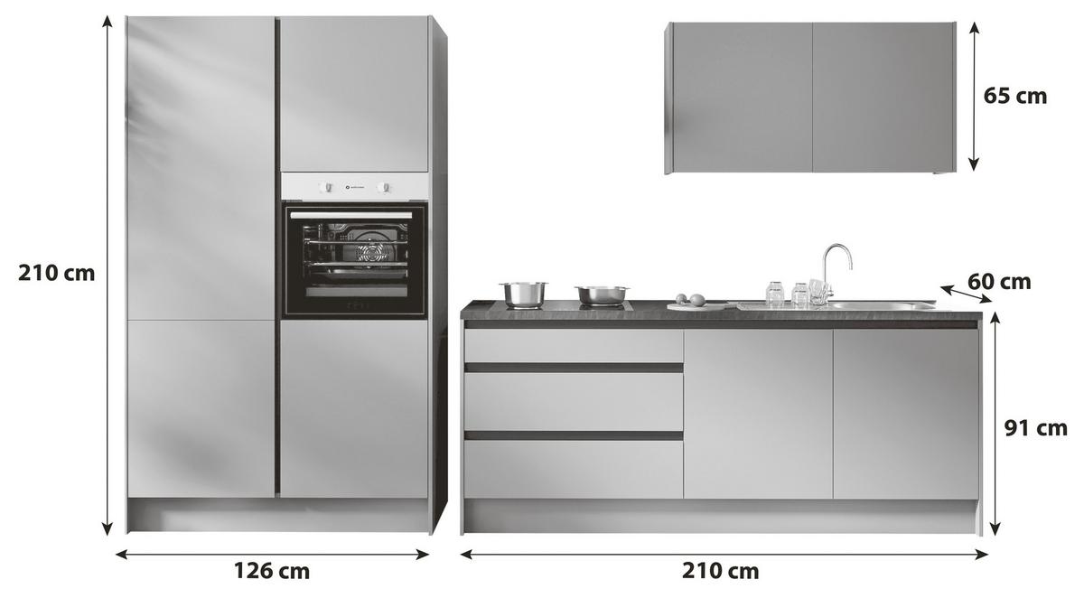 Küchenzeile Troja mit Geräten 335 cm Grau/Kaschmir/Schwarz - Kaschmir/Eichefarben, Design, Holzwerkstoff (335cm) - P & B