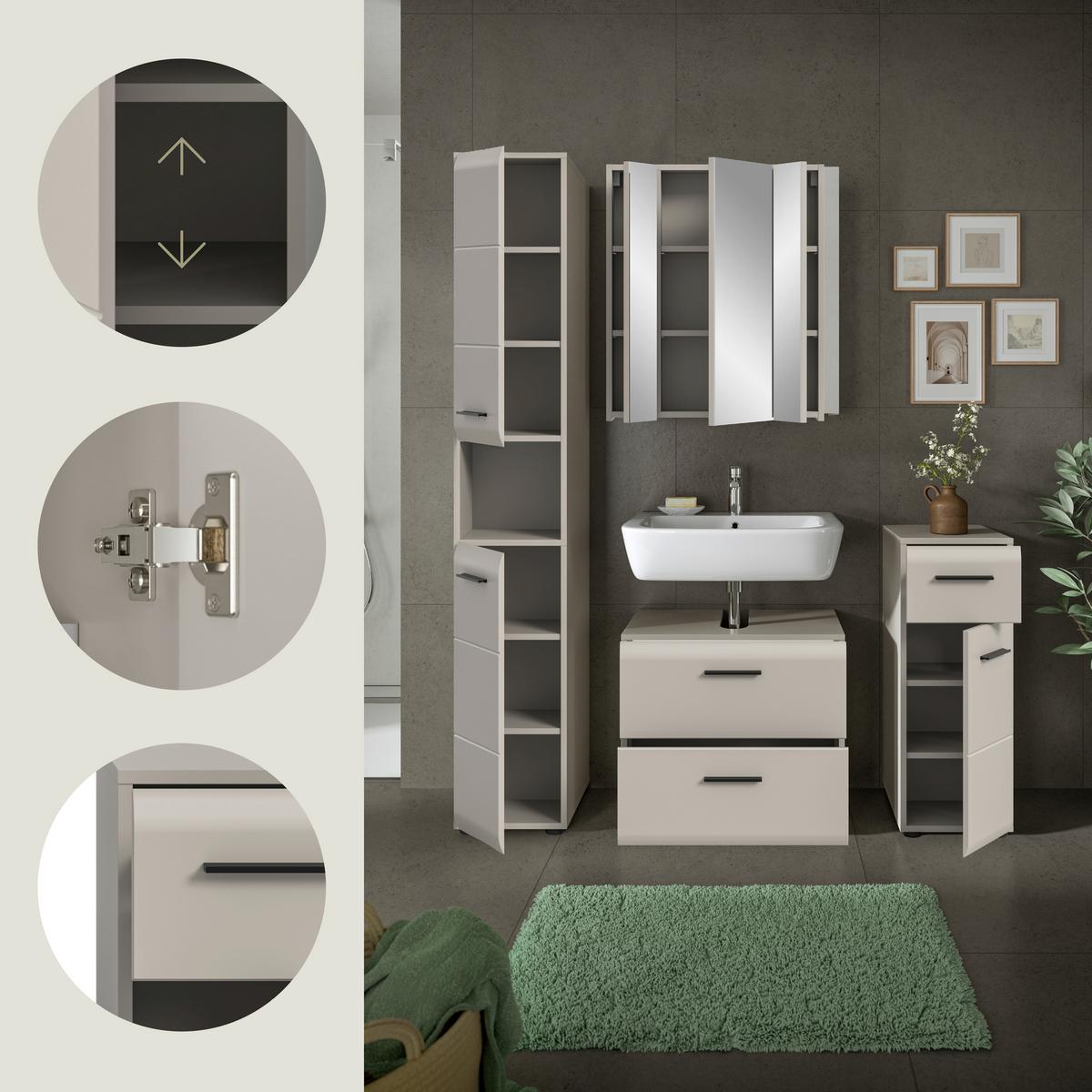 Badezimmer Ice Kaschmir B: 120cm - Kaschmir/Schwarz, Trend, Glas/Holzwerkstoff (120cm) - MID.YOU