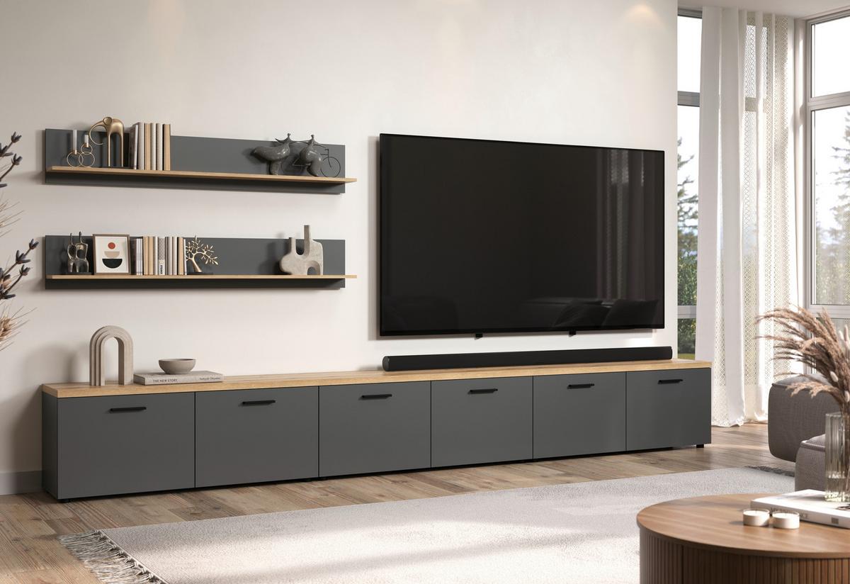 Wohnwand Baggio Anthrazit/Eichefarben B: 360cm - Eichefarben/Anthrazit, Design, Holzwerkstoff (360/180/40cm) - MID.YOU