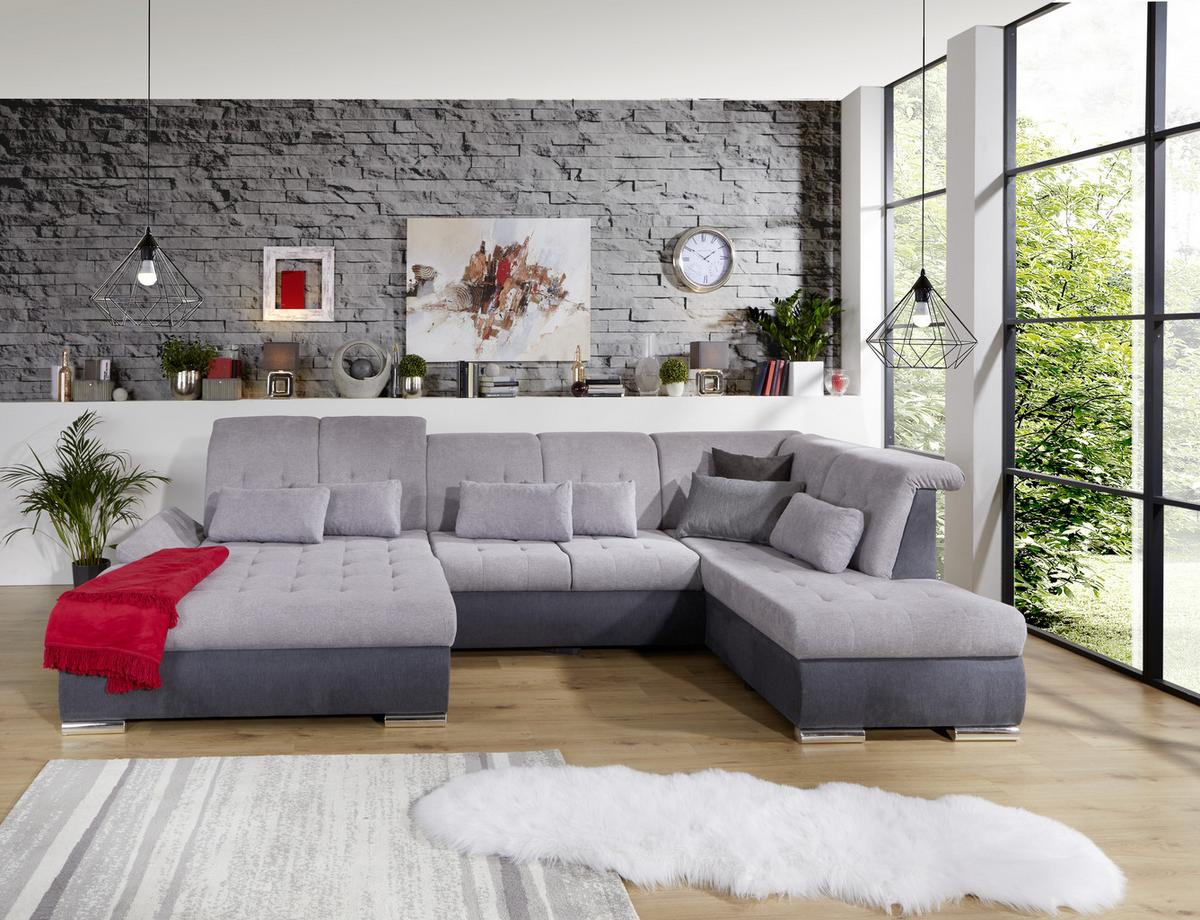 Wohnlandschaft mit Schlaffunktion Madera Webstoff - Anthrazit/Silberfarben, MODERN, Kunststoff/Textil (190/358/212cm) - Ondega