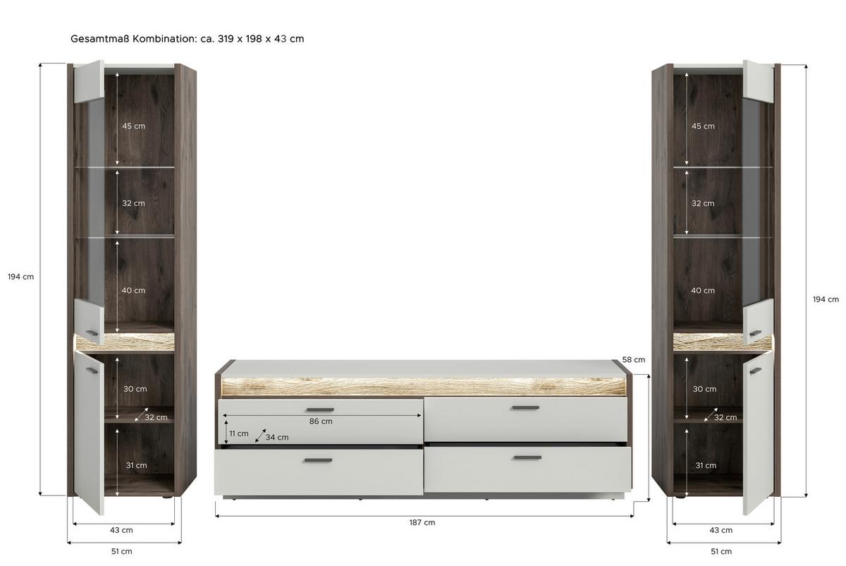 Wohnwand Hellgrau Nb, Nox Oak Dekor - Hellgrau, Design, Glas/Holzwerkstoff (319/198/43cm) - MID.YOU