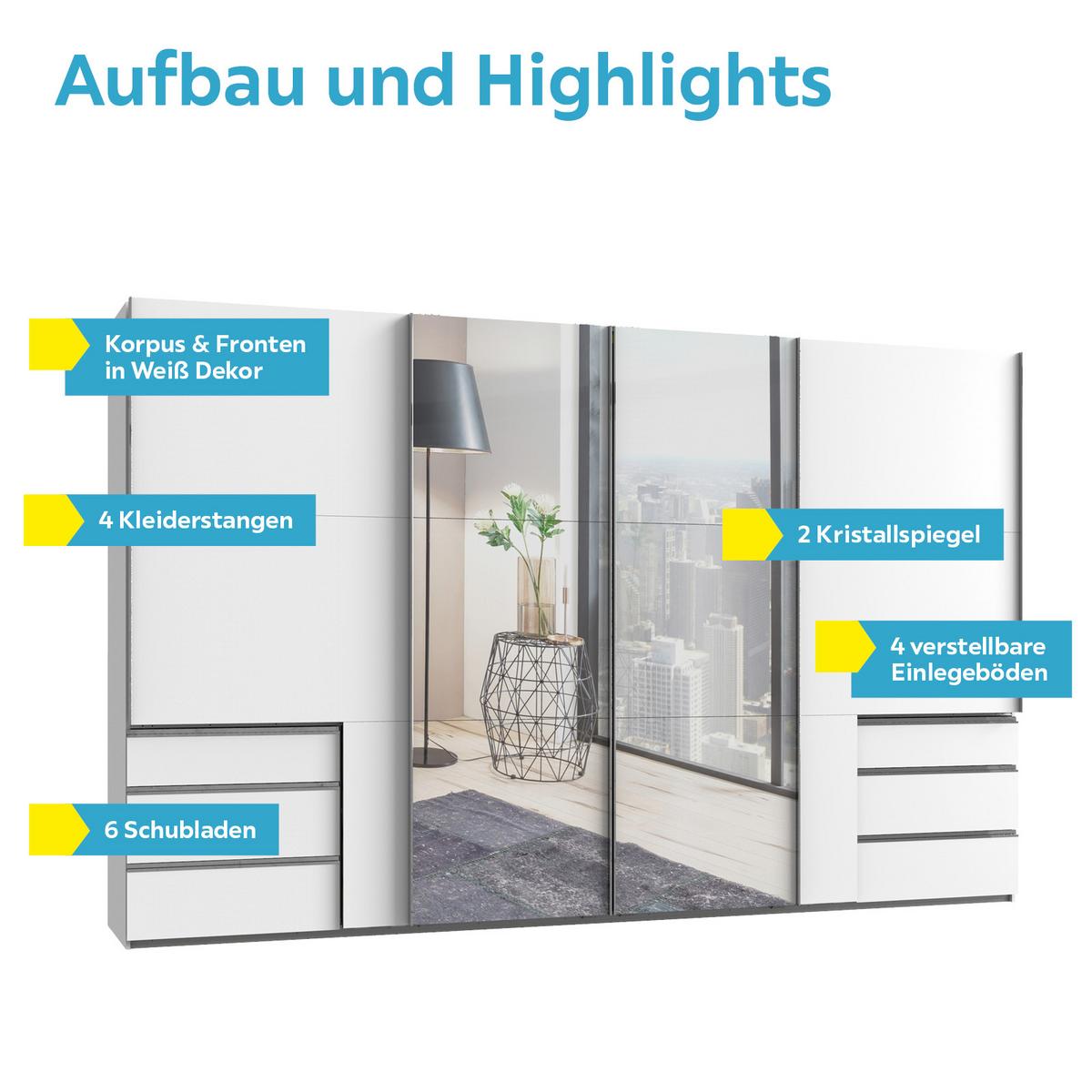 Schwebetürenschrank Mit Spiegel + Laden 350cm Level 36a, Weiß - Silberfarben/Weiß, Basics, Holzwerkstoff (350/216/65cm) - MID.YOU