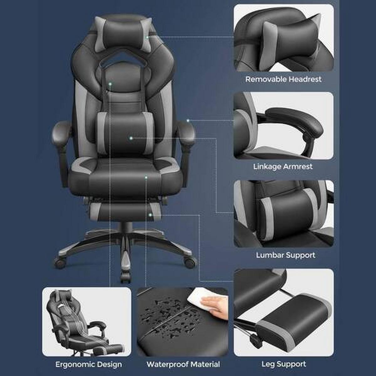Gaming Stuhl Lenden-, Nacken- Kissen, Lederlook Schwarz - Schwarz/Grau, Basics, Kunststoff/Textil (70/128/64cm) - Boxxx