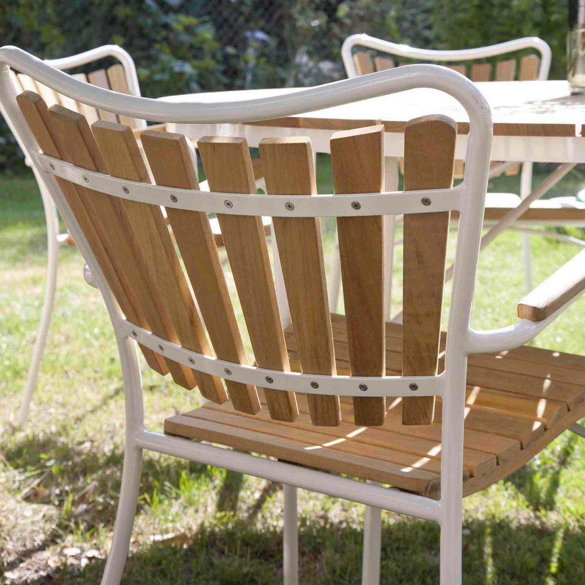 Gartentischgruppe Ellen 6-teilig Metall/Holz, natur/Weiß - Weiß Hochglanz/Teakfarben, Natur, Holz/Metall (180/180/78cm) - Gardenson