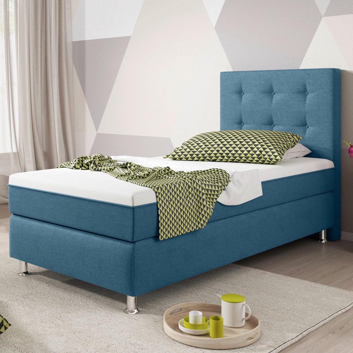 Boxspringbett Mit Topper 90x200 Köln Plus - Blau/Silberfarben, KONVENTIONELL, Textil (90/200cm) - MID.YOU