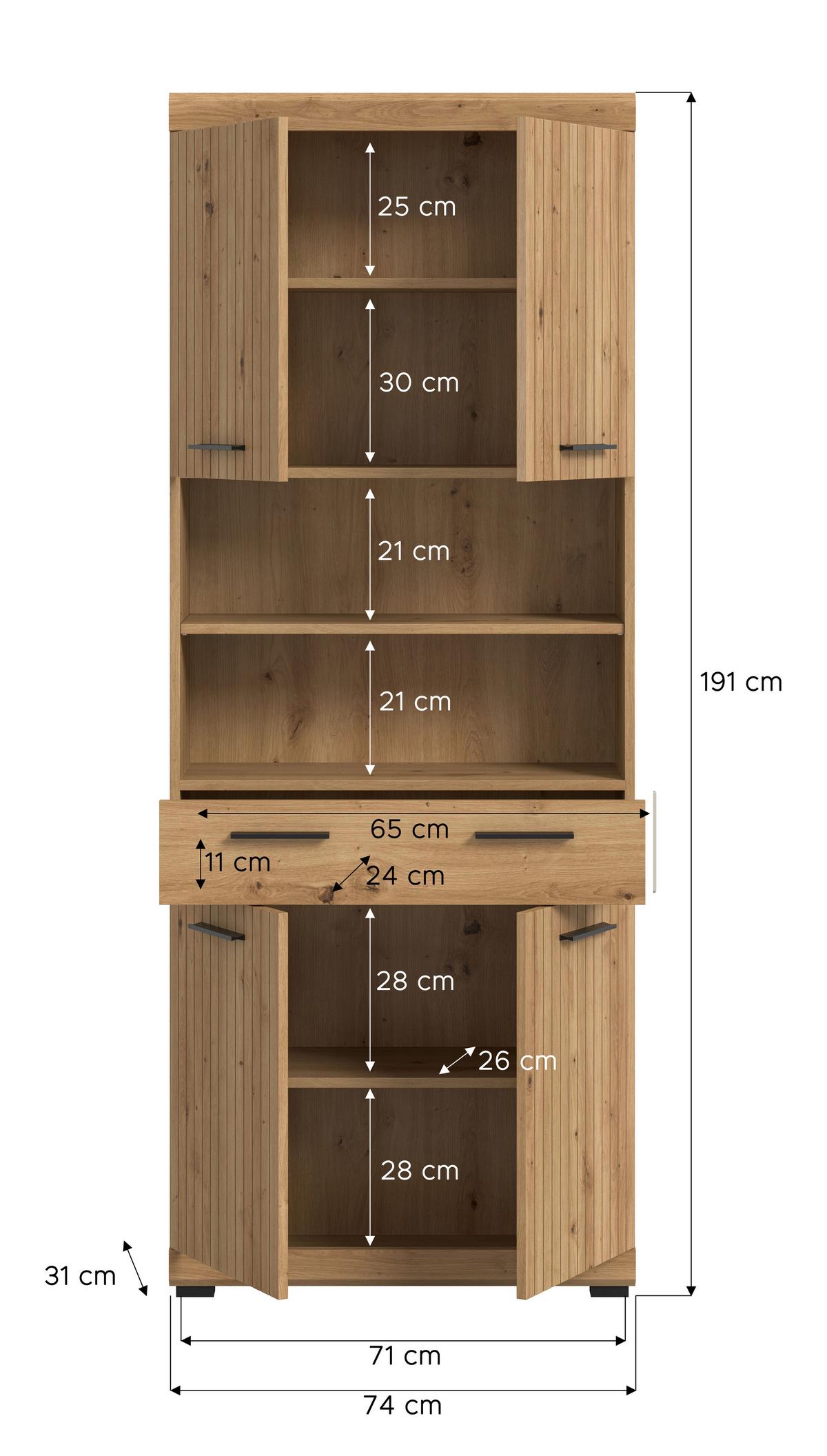 Hochschrank Scout Eiche Artisan Dekor B: 74cm - Schwarz/Eiche Artisan, Trend, Holzwerkstoff (74/191/31cm) - MID.YOU