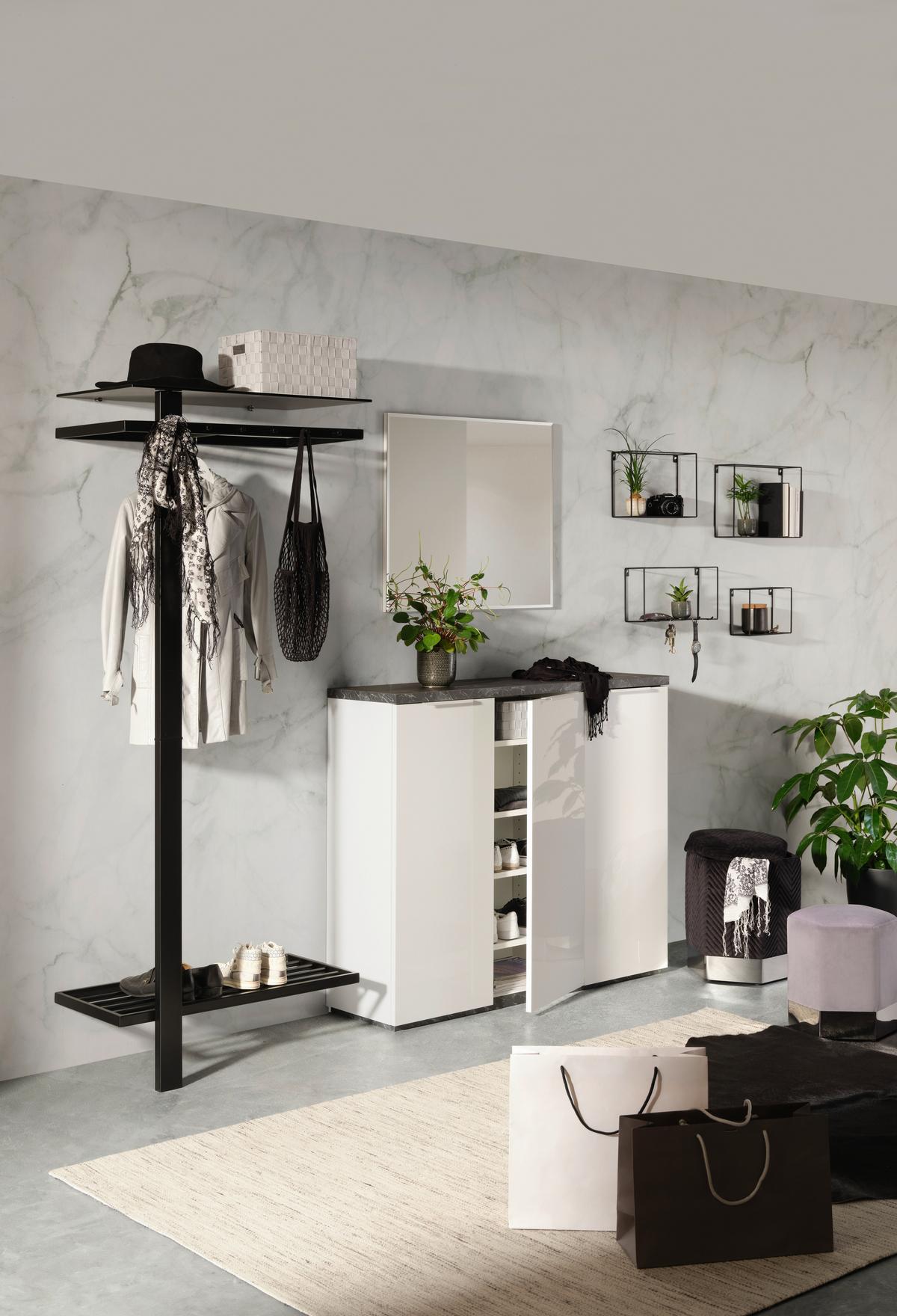 Skrinka na topánky MUNDI - sivá/biela, Modern, kov/kompozitné drevo (120/102/35cm) - Premium Living
