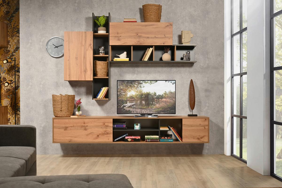 Obývacia stena RAW, š: 220 cm - grafitová/dub wotan, Modern, kompozitné drevo (220/180/40cm) - Based