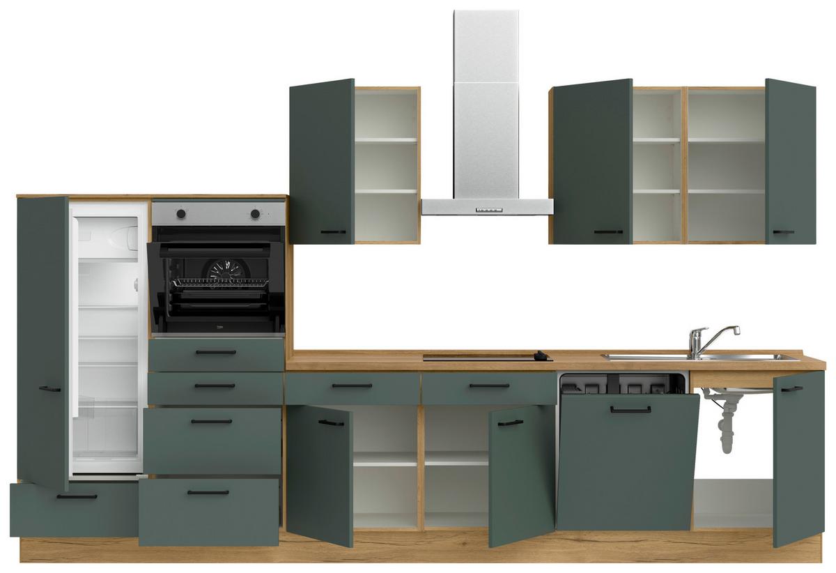 Kuchyňská linka 360 cm, minerální zelená,ultra matná - barvy dubu/černá, Moderní, kov/kompozitní dřevo (360cm) - Nobilia