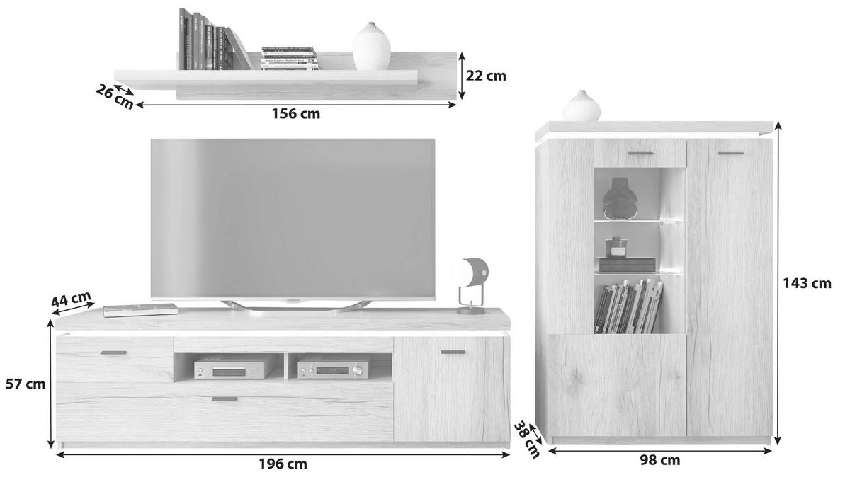 Wohnkombination Modern 3 -Teilig. mit Led Vanvouver, Eiche Dekor - Eichefarben, MODERN, Glas/Holzwerkstoff (294/198/44cm)