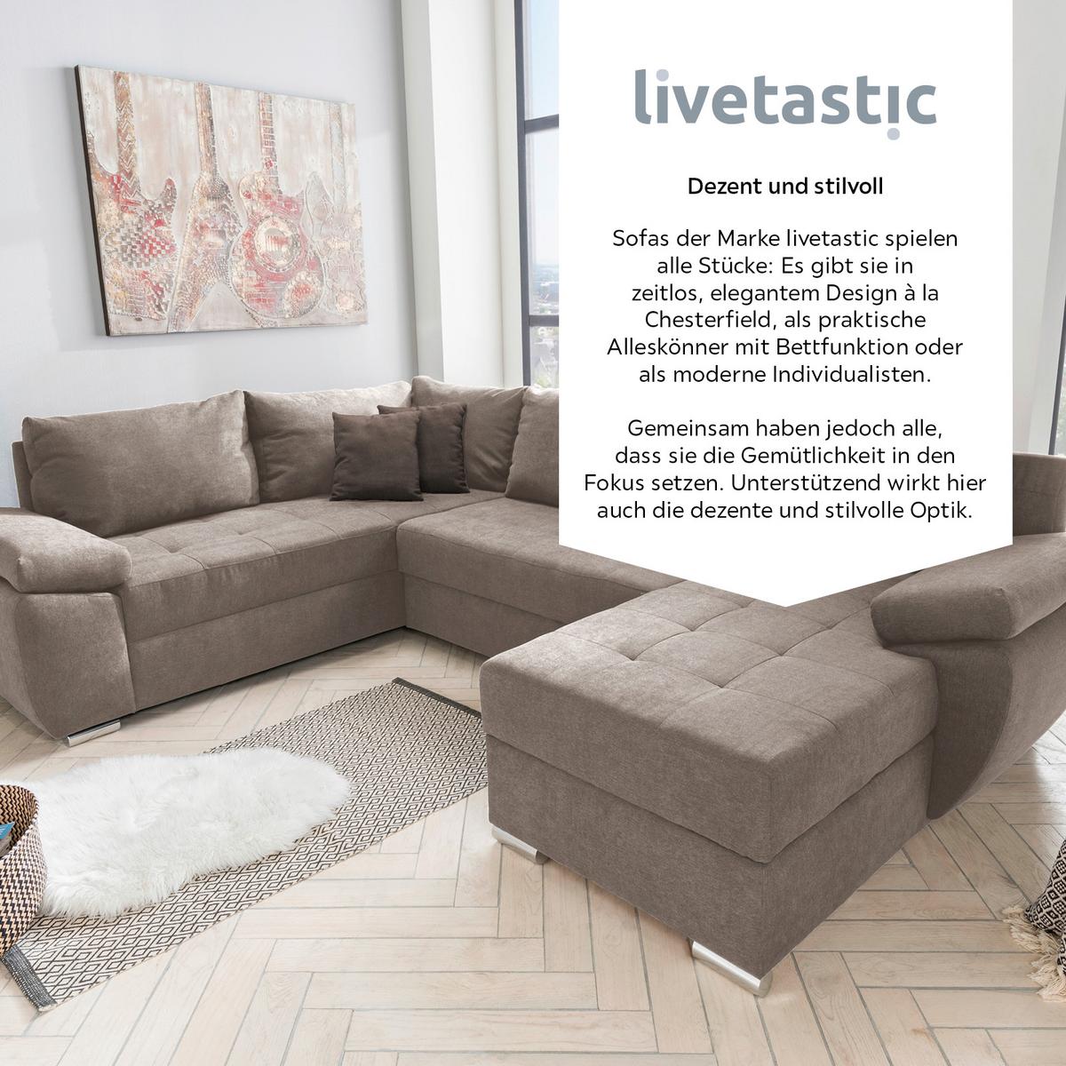Wohnlandschaft Terana Mit Schlaffunktion, Taupe - Taupe/Chromfarben, KONVENTIONELL, Textil (219/305/157cm) - Livetastic