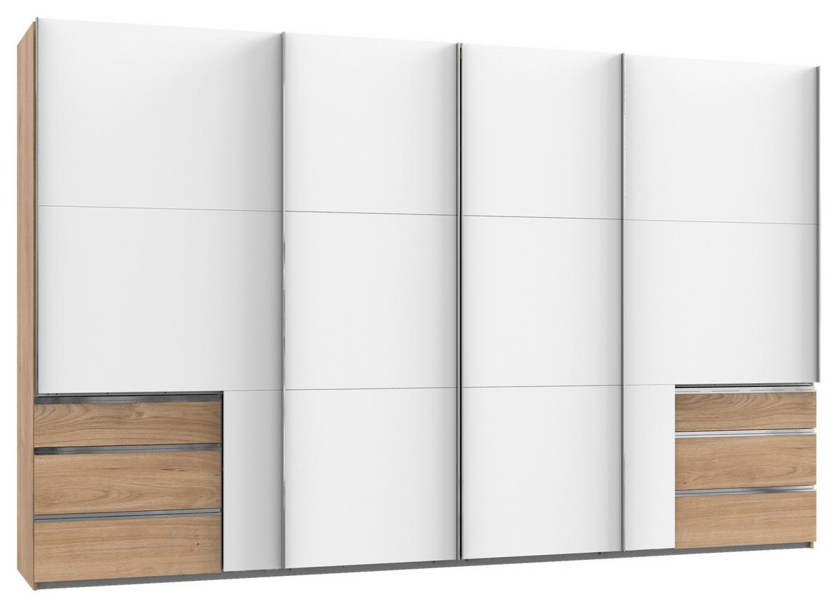 Schwebetürenschrank mit Laden 350cm Level 36a, Weiß/Eiche - Eichefarben/Weiß, Basics, Holzwerkstoff (350,00/216,00/65,00cm) - MID.YOU