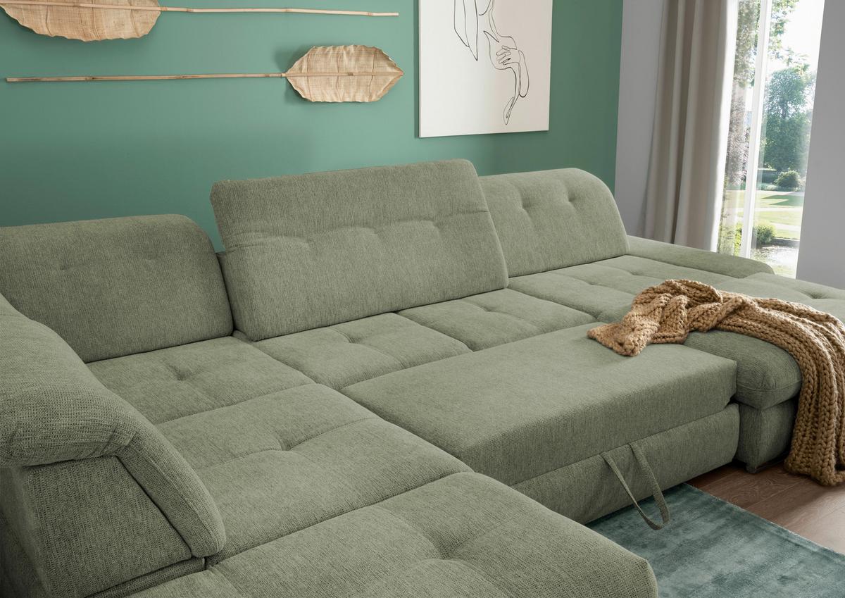 Wohnlandschaft Dalida Mit Schlaffunktion Grün - Chromfarben/Grün, Design, Textil (254/376/195cm) - Livetastic