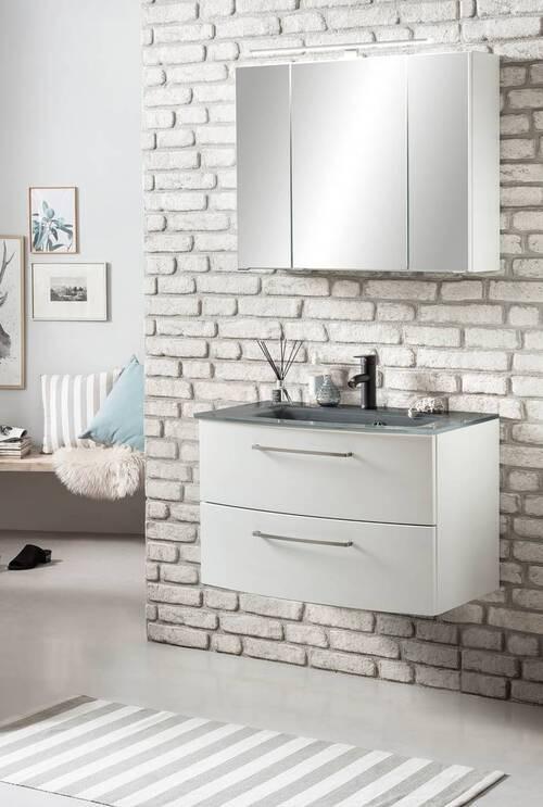 Badmöbel-Set 3-Tlg. inkl. LED Stockholm 80cm Grau - Weiß/Grau, KONVENTIONELL, Glas/Holzwerkstoff (80cm) - Held