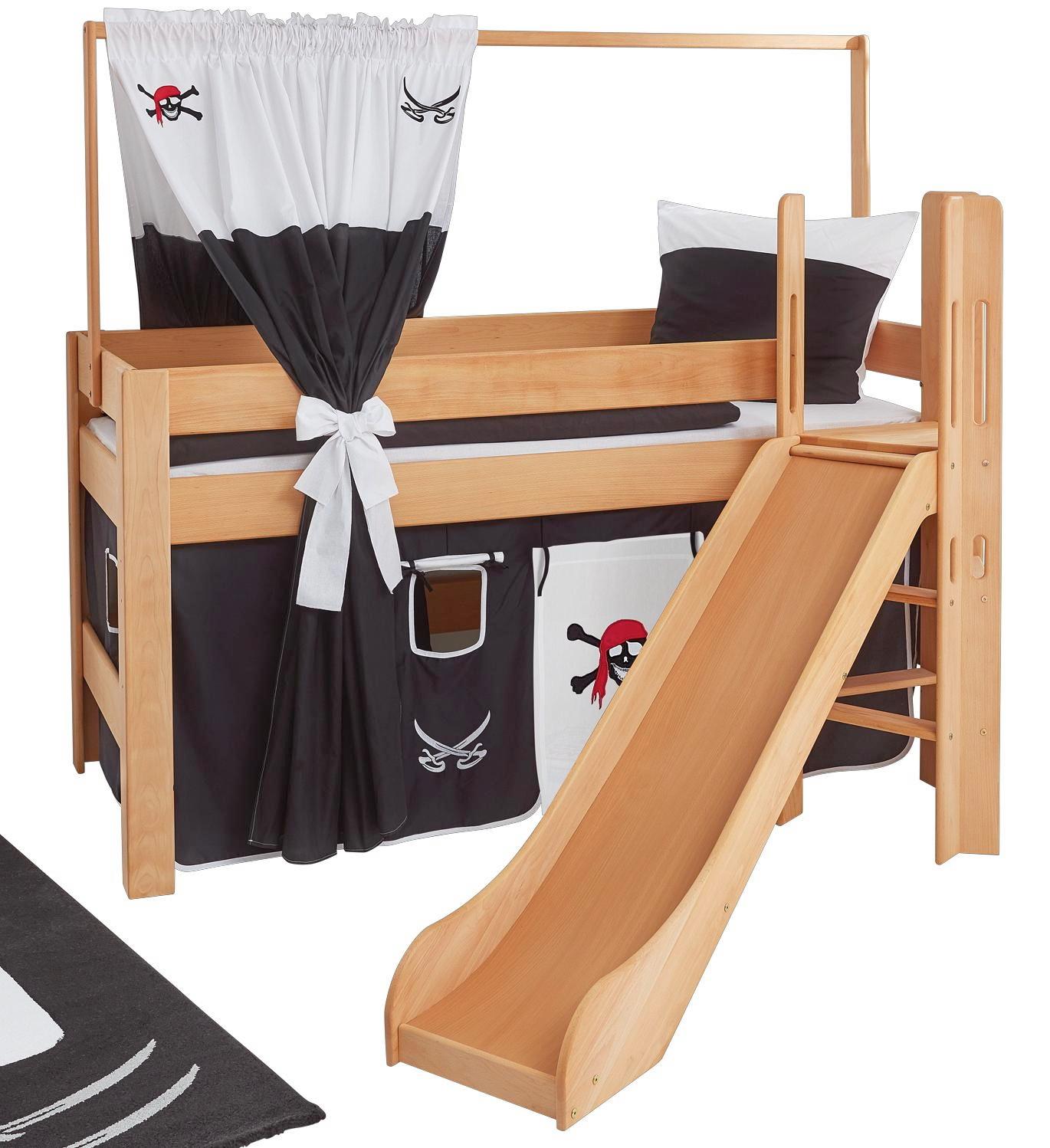 Spielbett Leo 90x200 cm Buche Massiv - Rot/Schwarz, Design, Holz/Textil (90/200cm)