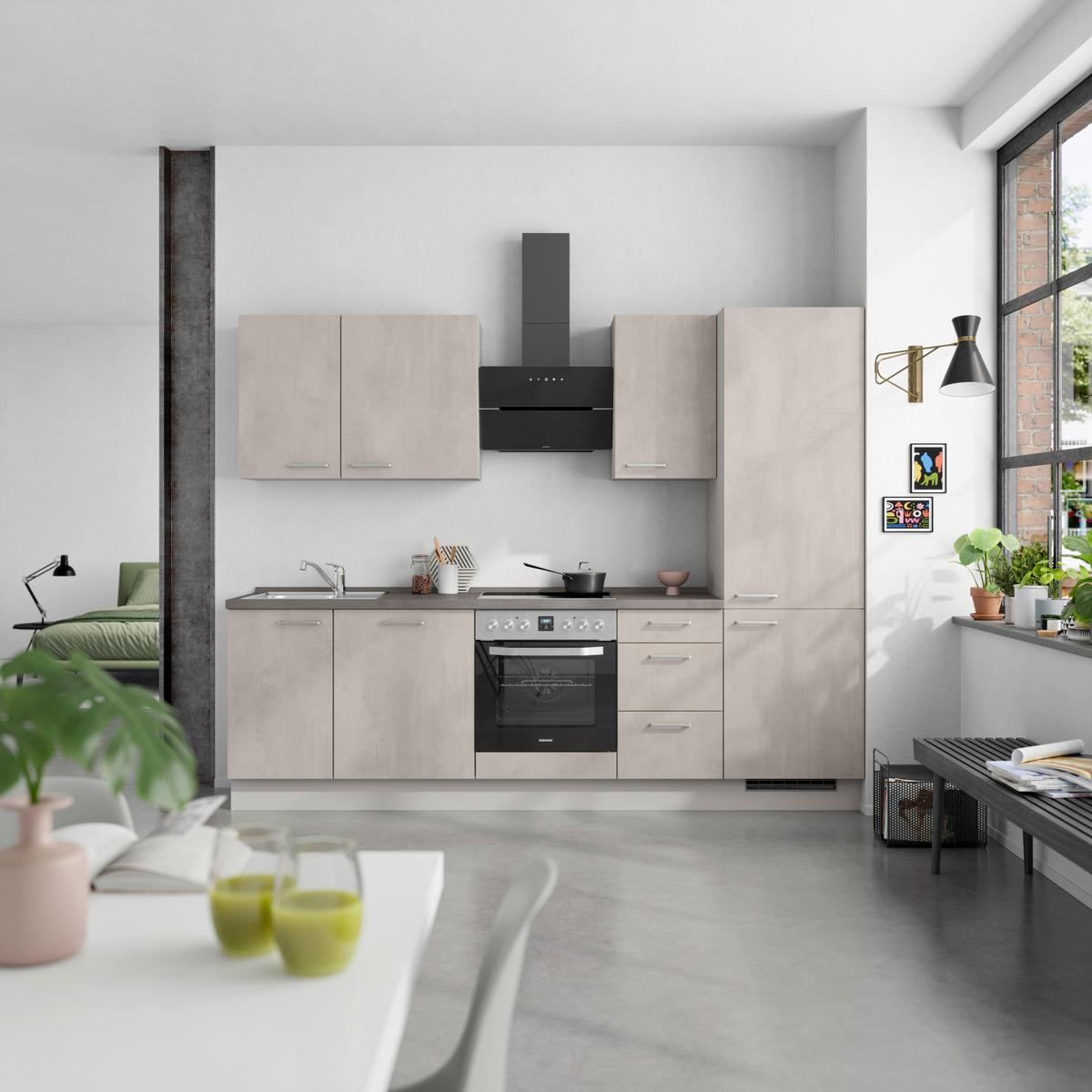 Kuchynská linka 270 cm, šedý betón/ kamenná šedá - sivá/farba ušľachtilej ocele, Modern, kov/kompozitné drevo (270cm) - Nobilia