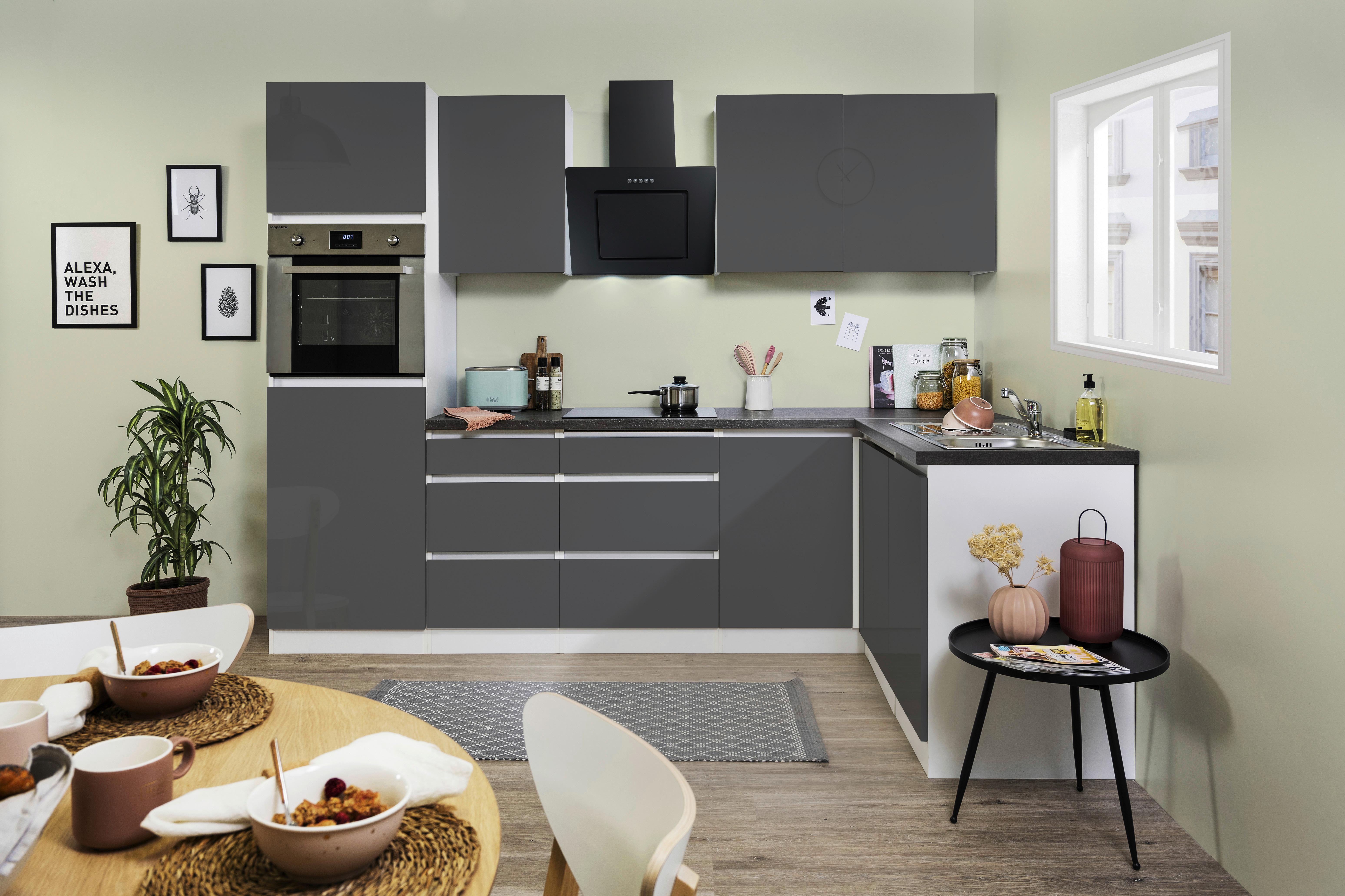 Küchenzeile Premium mit Geräten 280 cm Weiß/Grau Modern - Grau Hochglanz/Weiß, MODERN, Holzwerkstoff (280/172cm) - Respekta