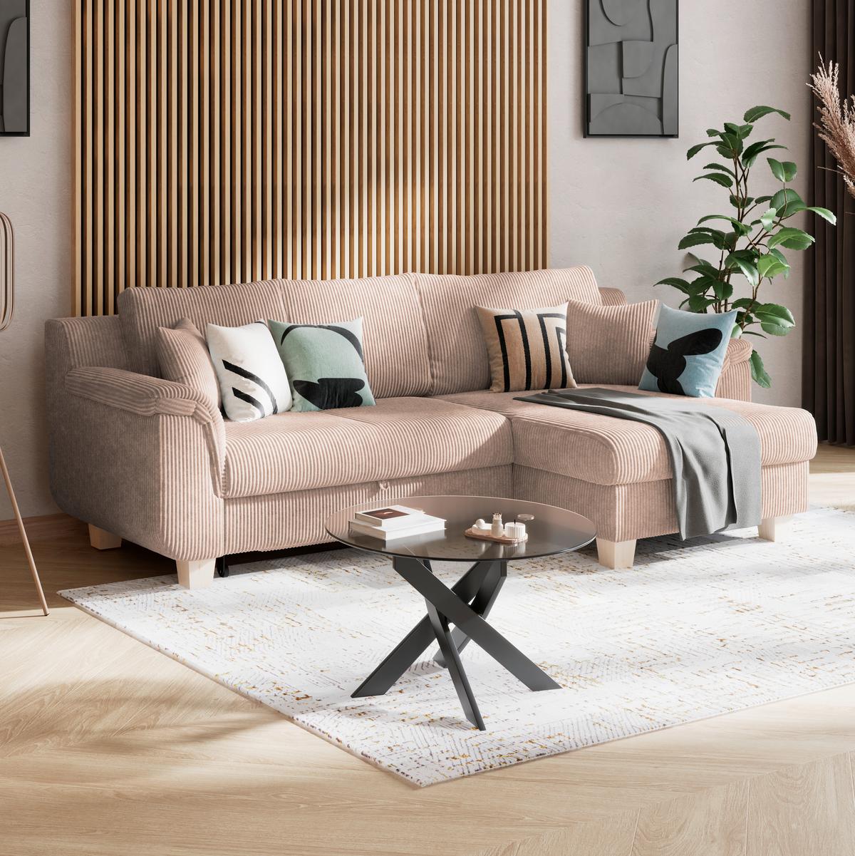 Rohová sedačka ALEX, béžový manšestr - přírodní barvy/béžová, Moderní, textil/plast (246/88cm)