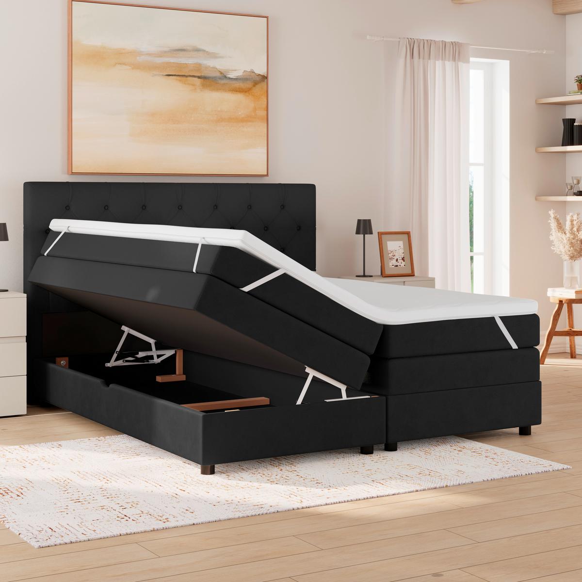 Boxspringbett Elio Schwarz 180x200 cm H2 - Schwarz, ROMANTIK / LANDHAUS, Textil (184/121/212cm) - James Wood