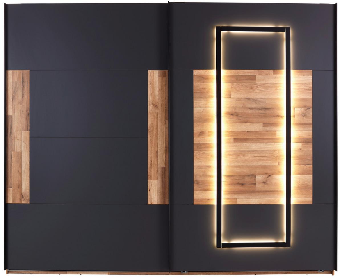 Schwebetürenschrank + LED 270cm , Graphit/Eiche Dekor - Eichefarben/Graphitfarben, KONVENTIONELL, Holzwerkstoff (270/225,5/60cm) - James Wood