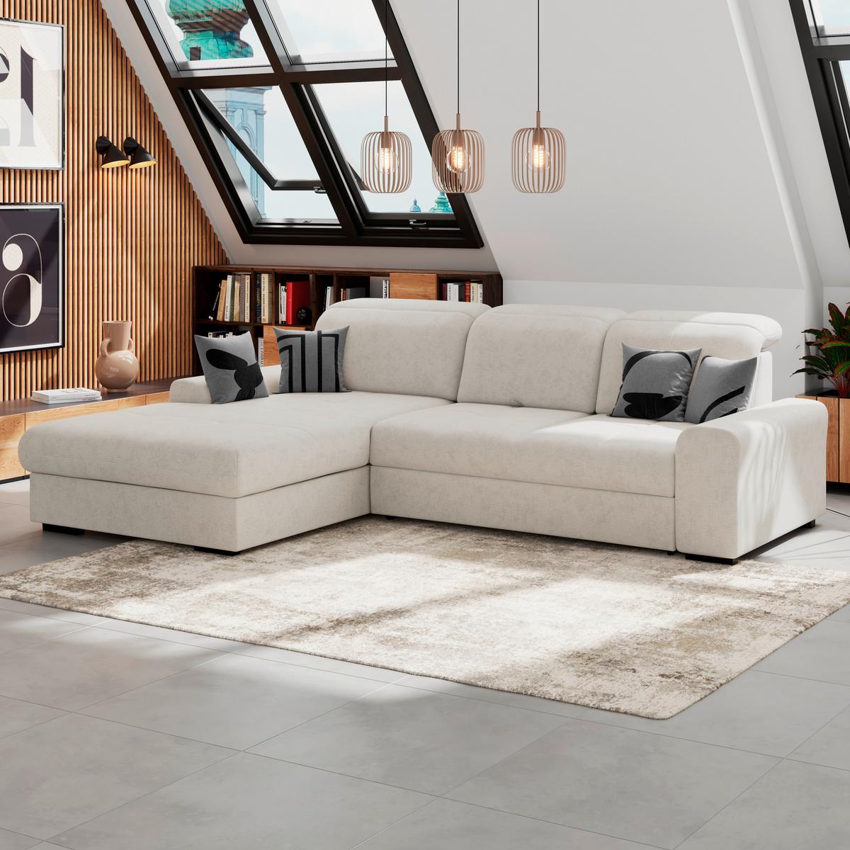 Ecksofa mit Bettfunktion Malaga new Chenille creme - Creme/Schwarz, KONVENTIONELL, Textil (203/286cm) - Ondega