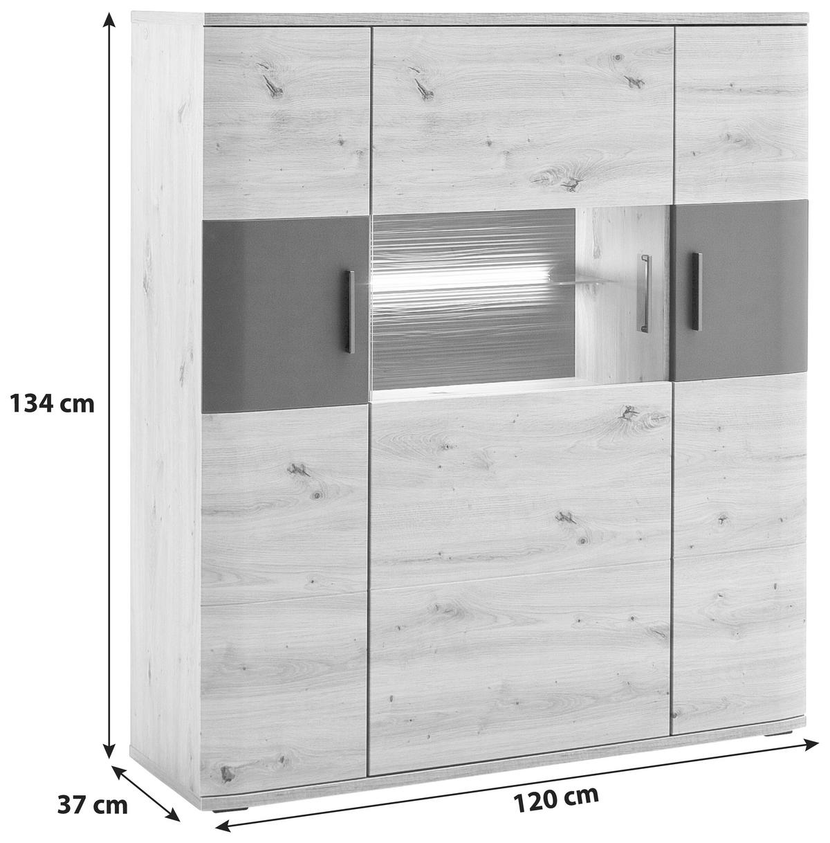 Highboard B: 120 cm Cortona Anthrazit/Eichefarben - Klar/Eichefarben, Design, Glas/Holzwerkstoff (120/134/37cm) - Livetastic