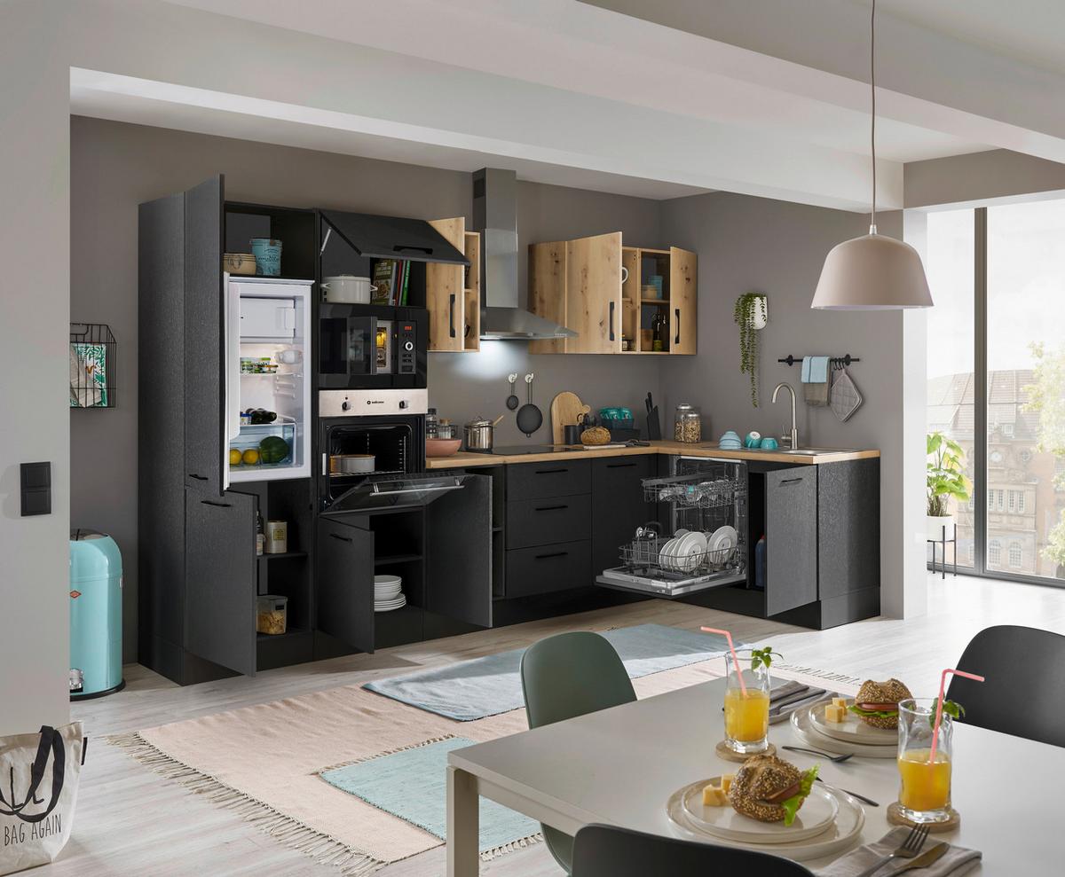 Eckküche Turin Schwarz/Eiche Dekor 340x175 cm - Schwarz/Eiche Artisan, Basics, Holzwerkstoff (340/175cm) - MID.YOU