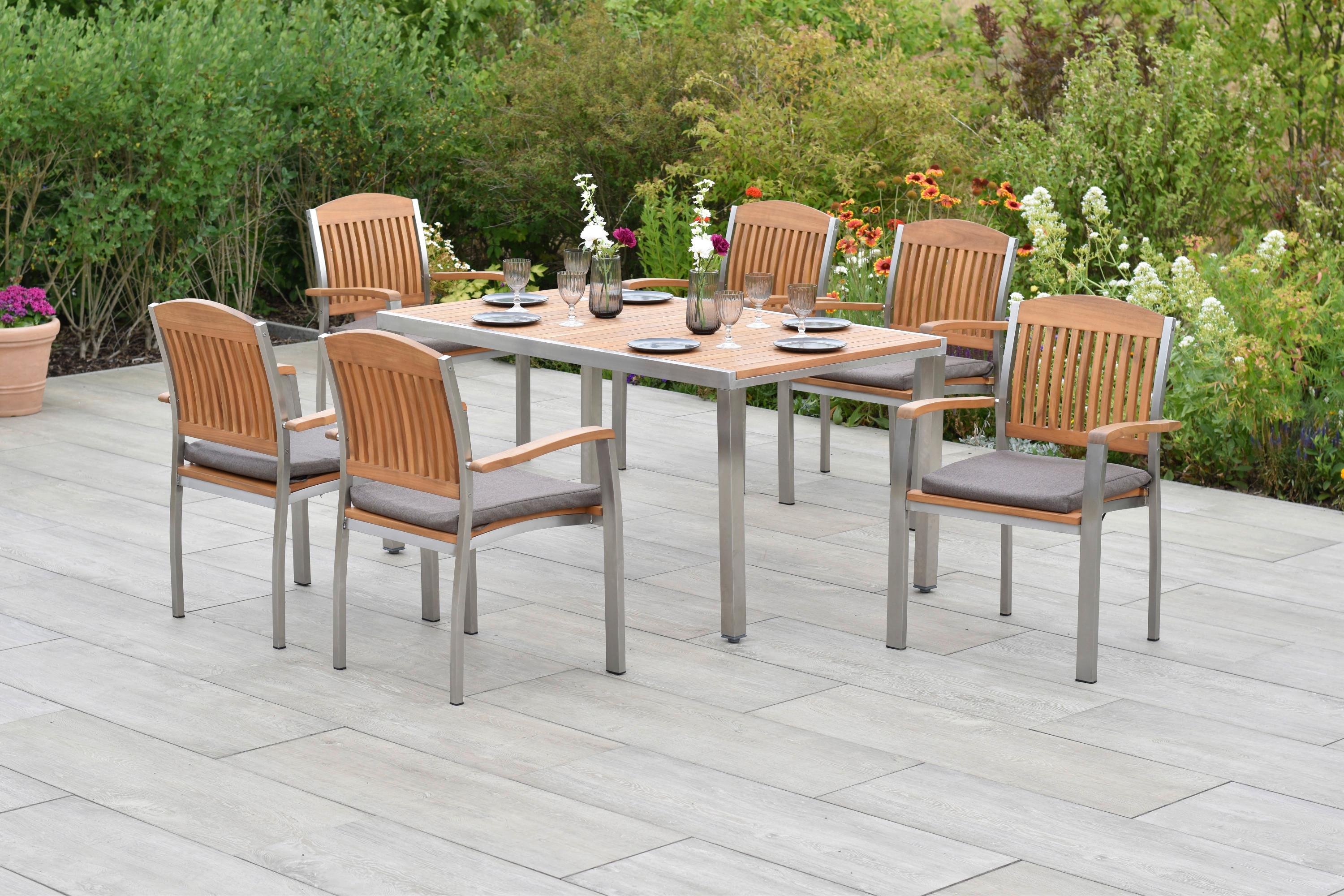 Gartenset Keros - Edelstahlfarben/Braun, MODERN, Holz/Textil - Gardenson