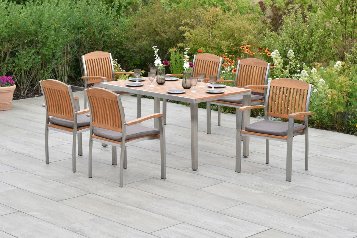 Gartenset Keros - Edelstahlfarben/Braun, MODERN, Holz/Textil - Gardenson
