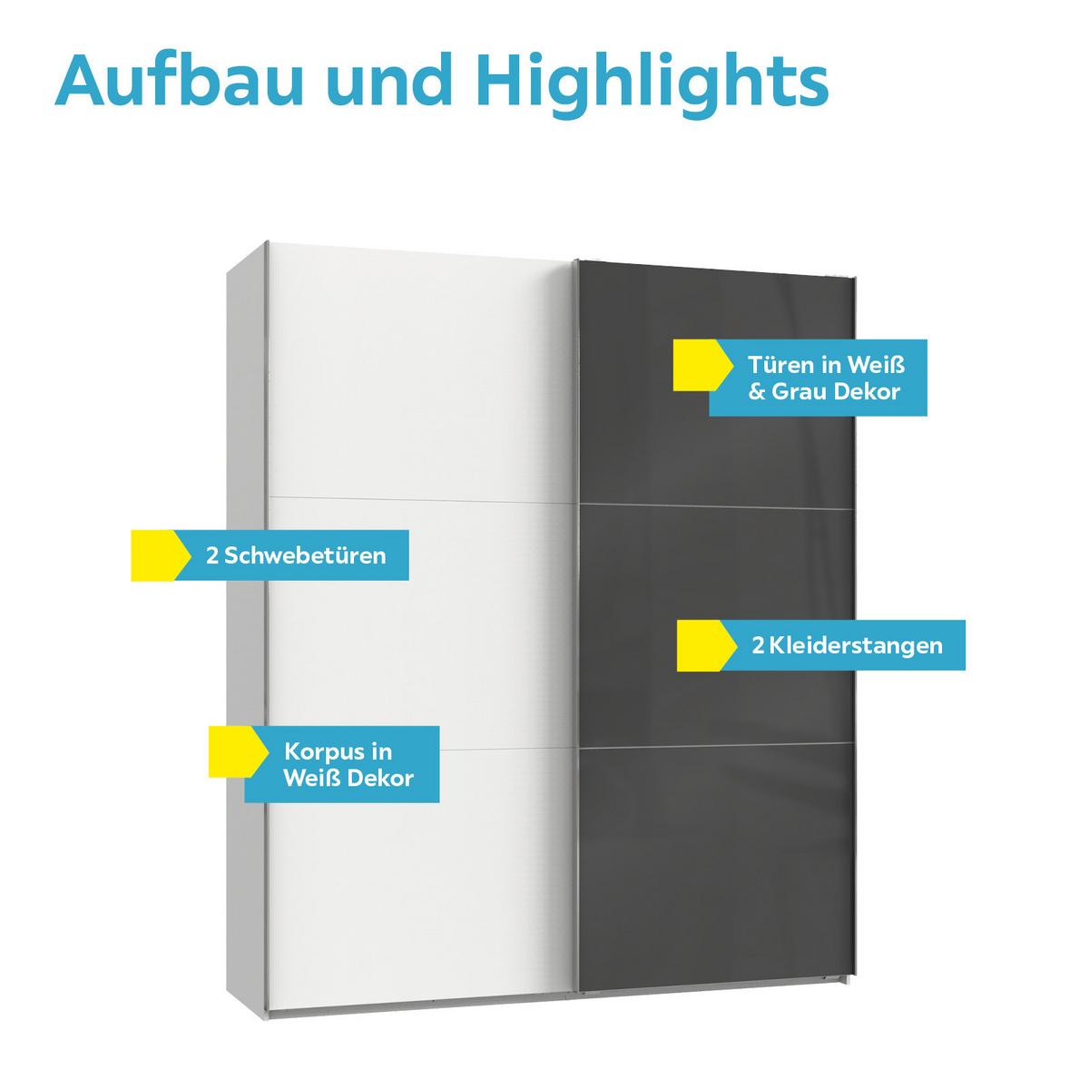 Schwebetürenschrank B: 200 Cm Level 36c Grau/weiß - Weiß/Grau, MODERN, Glas/Holzwerkstoff (200/236/65cm) - MID.YOU